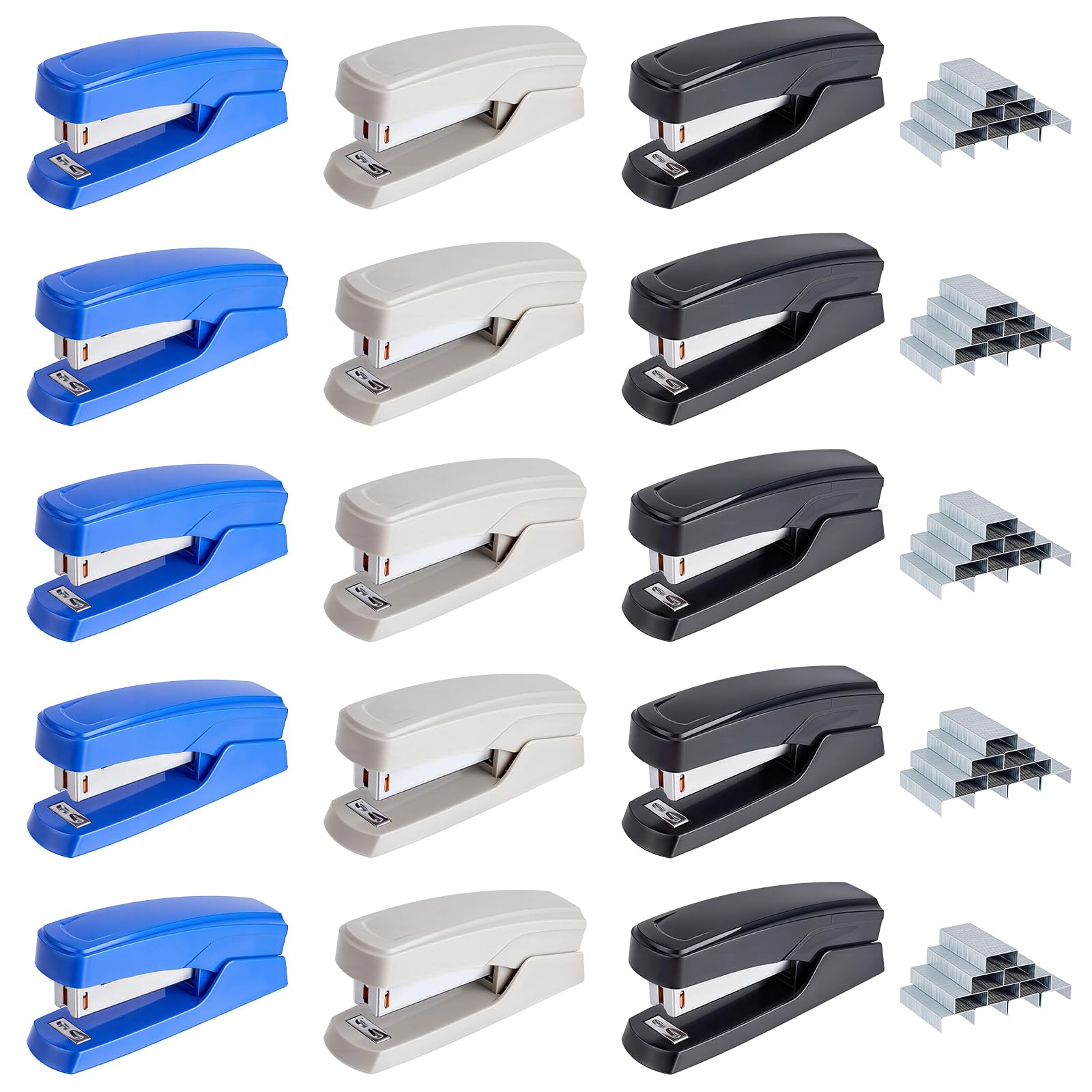 INTERWARM 15Pcs Stapler for Desk Staplers Bulk, Metal Desktop Stapler with 6000 Staples Portable Durable Staplers with 20 Sheet Capacity for School College Office Supplies (Black, Blue, Gray)