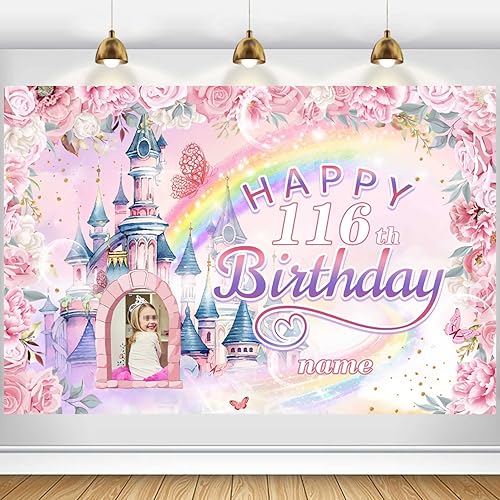 Cartel personalizado de decoración de cumpleaños número 116 con temática de castillo y princesa, pancarta de tela personalizada para suministros de