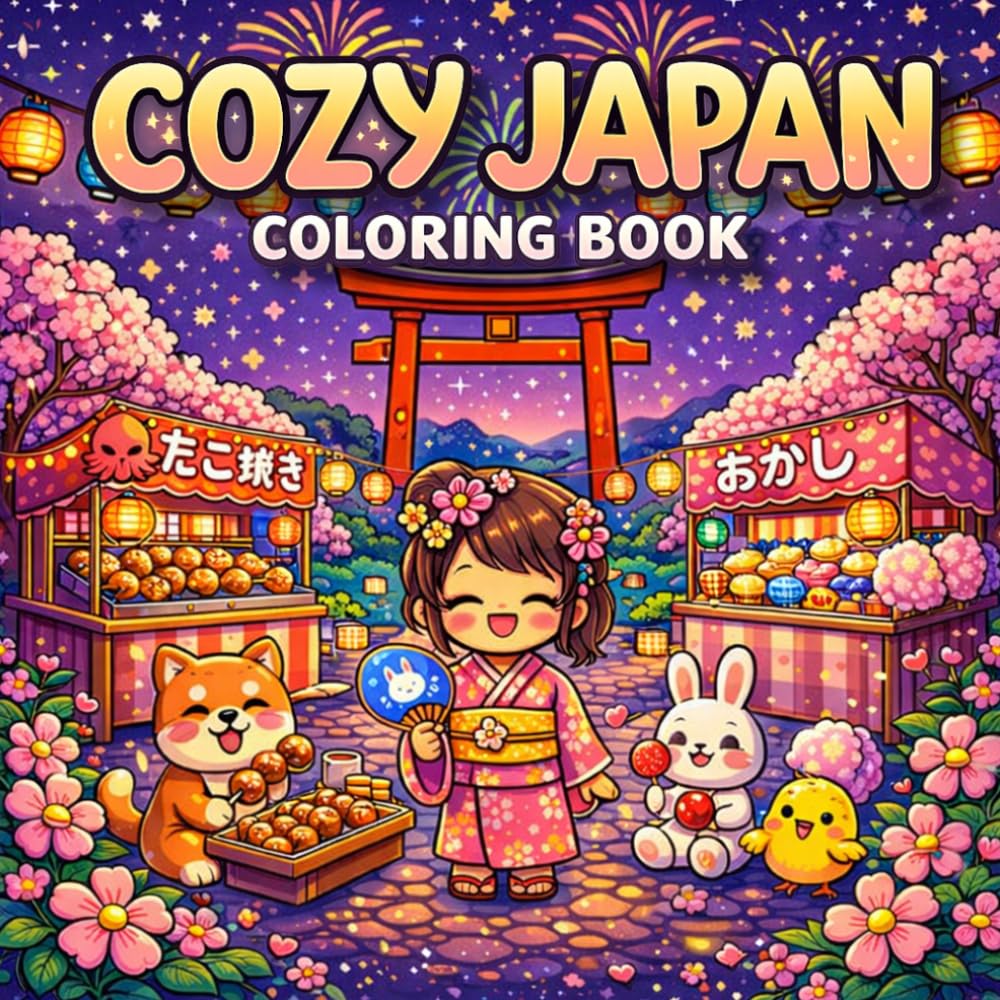 cozy japan coloring book : A Relaxing Kawaii Journey Through Cute Japanese Villages, Animals, Festivals and Gardens .