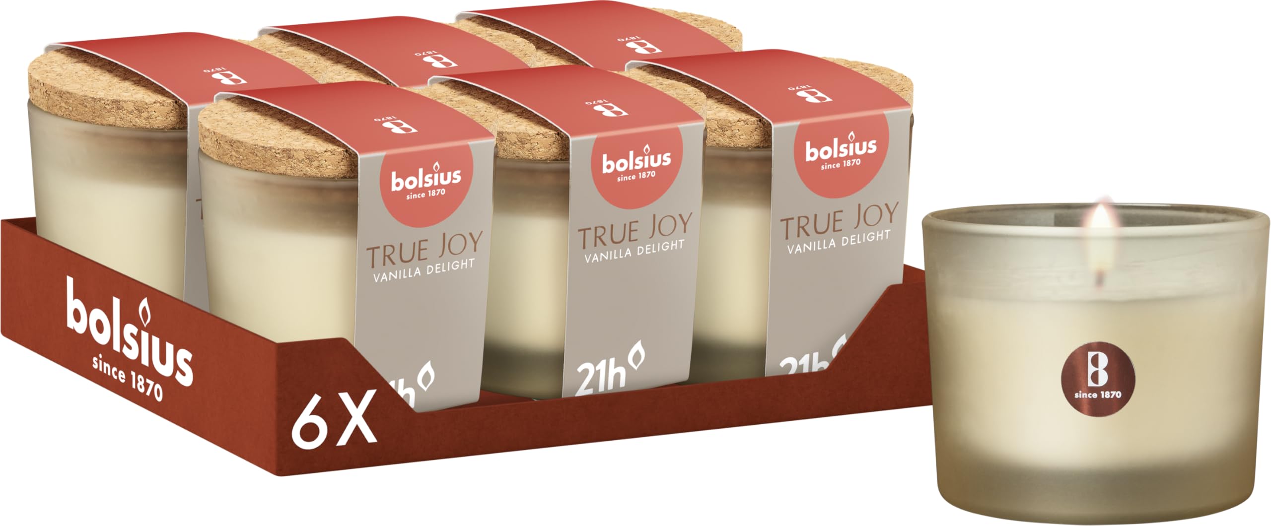 Bolsius Beige - True Joy - Set Of 6 Scented Candles - Vanilla Delight - Burn Time: 21 Hours - With Natural Extracts - With Natural Vegetable Wax - Palm Oil Free