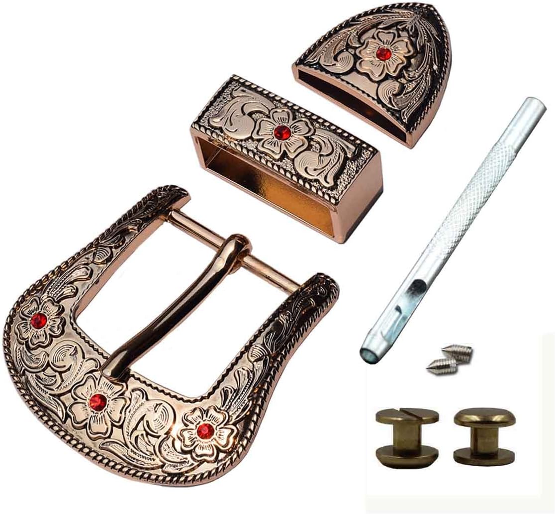 TOME1.5" Wide Fashion Belt Buckles Pale gold Inlaid Ruby Engraved Belt Buckle Set