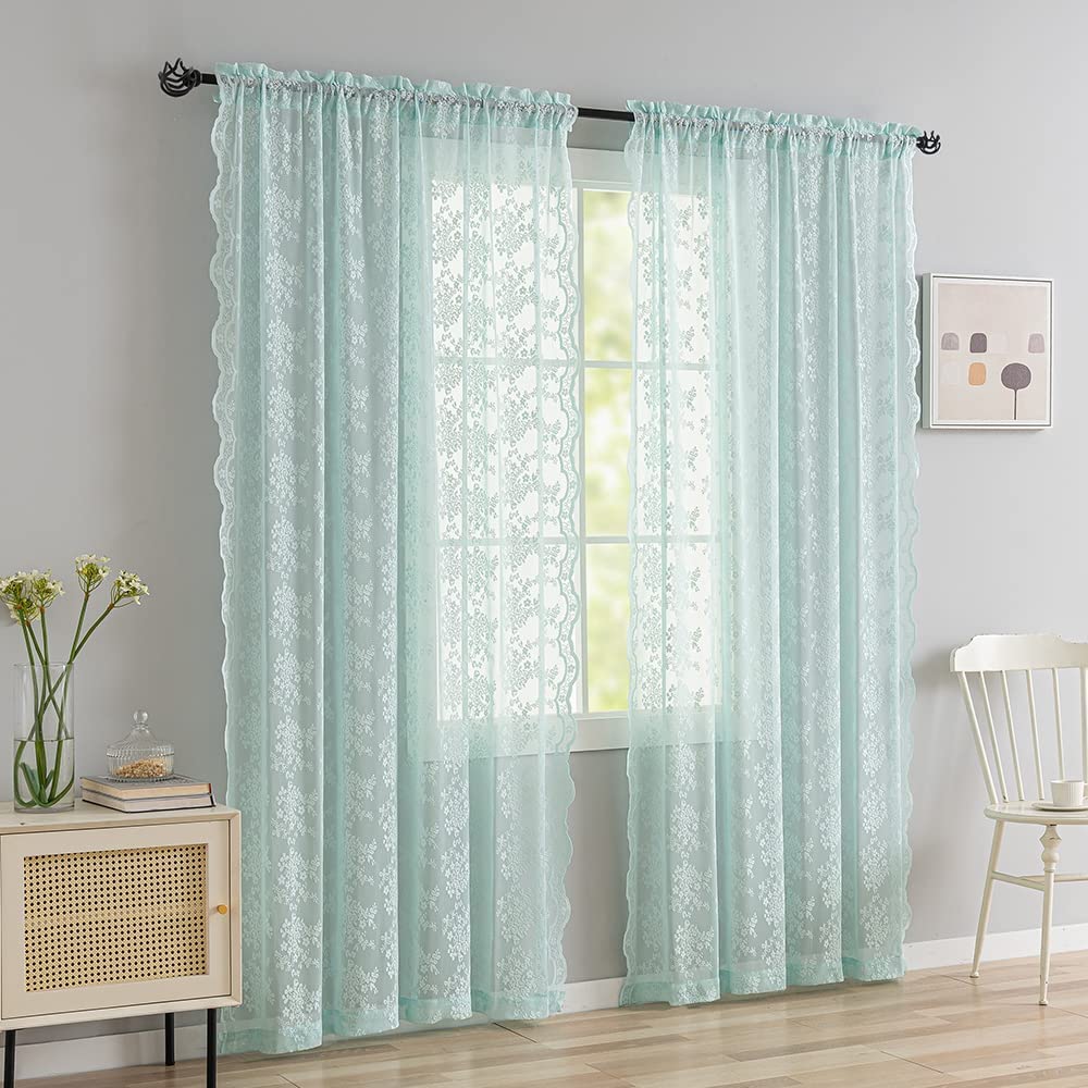 YJ YANJUN Vintage Lace Curtains 96 Inches Long-Victorian Floral Pattern Aqua Sheer Curtain Panels for Living Room Bedroom,Light Filtering, Shabby Chic Memaid Beach Drapes 2 Panels 52W x 96L
