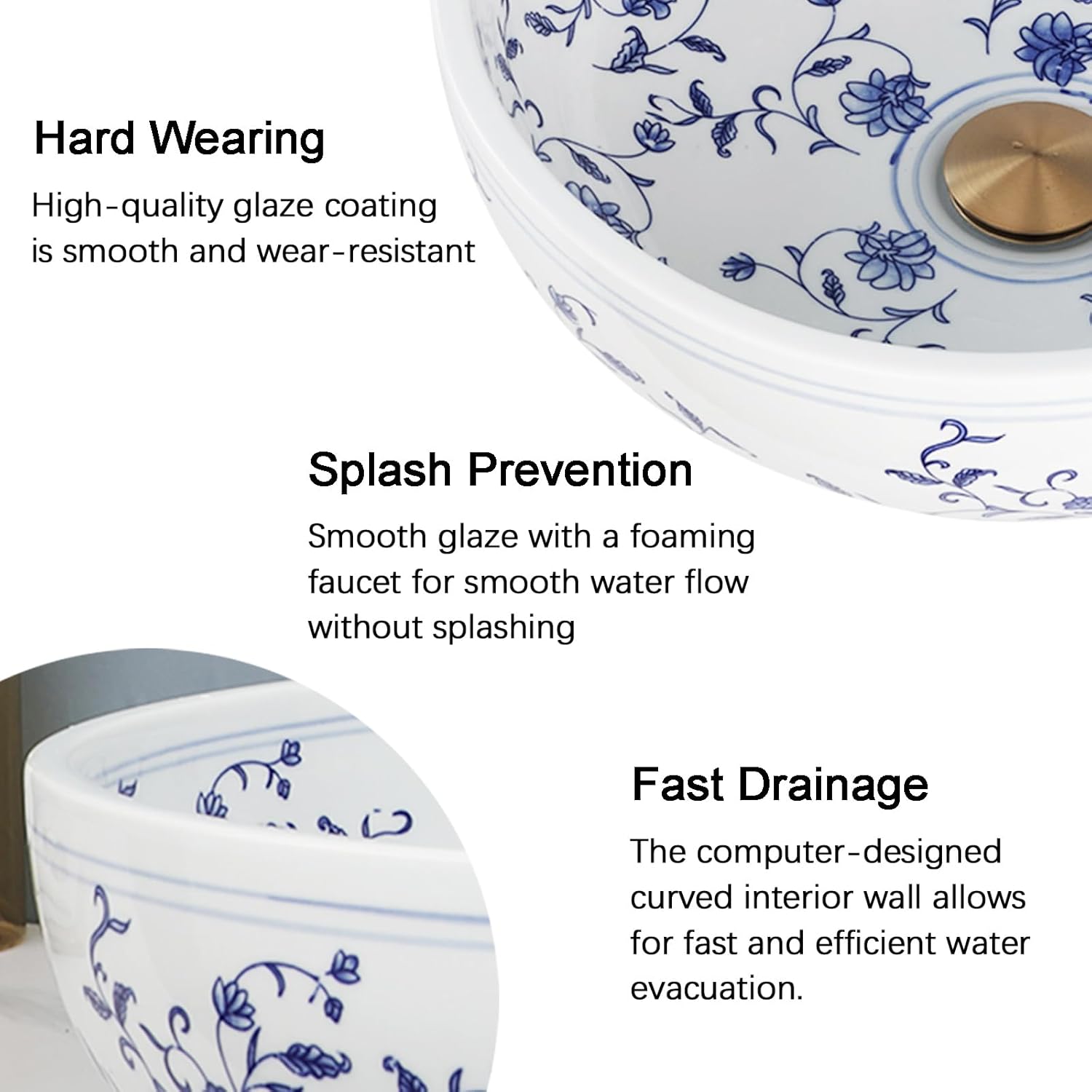Bathroom Vessel Sink 16 Inch Vessel Sink Blue and White Ceramic Bathroom Sinks with Faucet and Drain Combo Bowl Sinks for Bathroom Vanity Above Counter