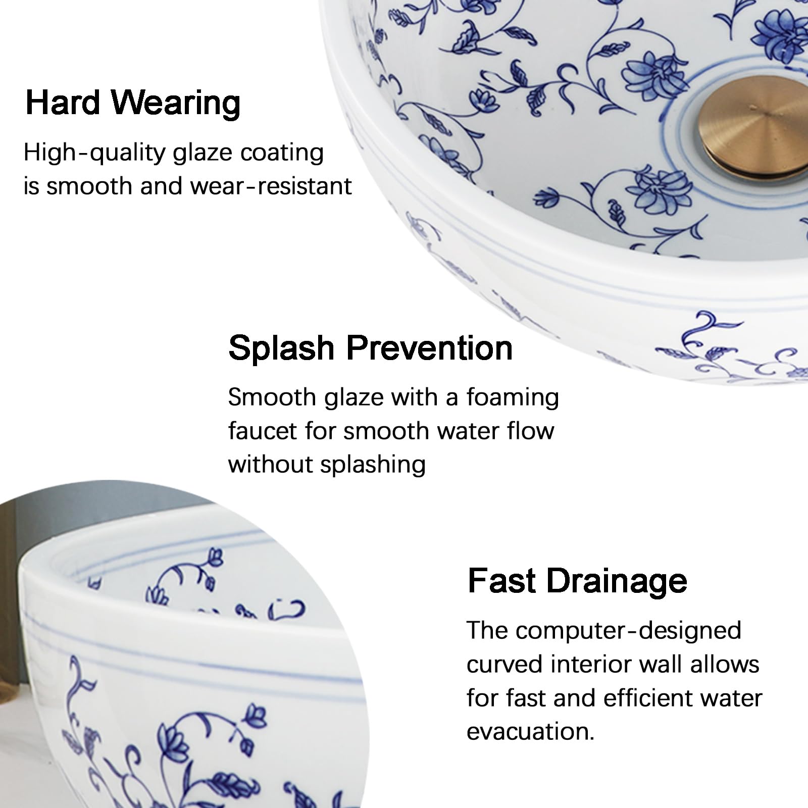 Fregadero de baño de 16 pulgadas, fregadero de cerámica azul y blanco, con grifo y drenaje, fregaderos combinados para tocador de baño sobre mostrador 5