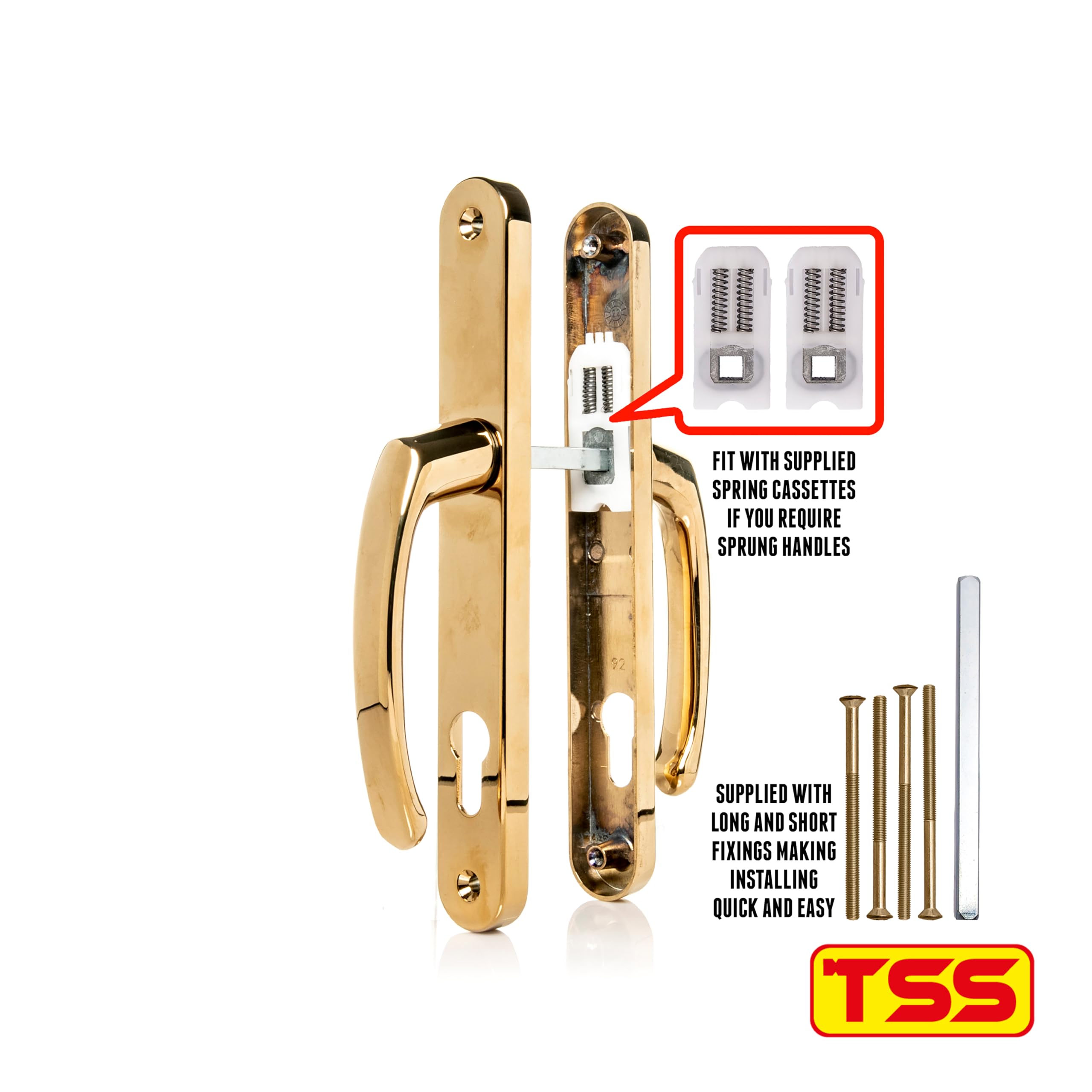 TSS UPVC Door Handle Set - Lever/Lever - 192-215mm Screw to Screw - 245x32mm Backplate - Replacement PVC Handle (Polished Brass) - Image 2