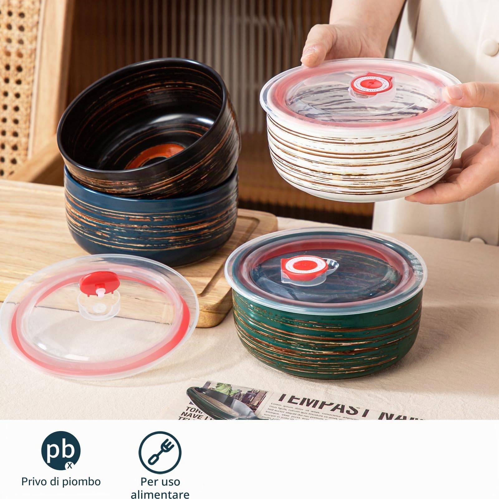 YUN TAO - Set di ciotole in porcellana con coperchio - 15 cm, capacità 650 ml, multicolore - Adatto al microonde, coperchi ermetici per pranzo, picnic, insalata e conservazione degli alimenti