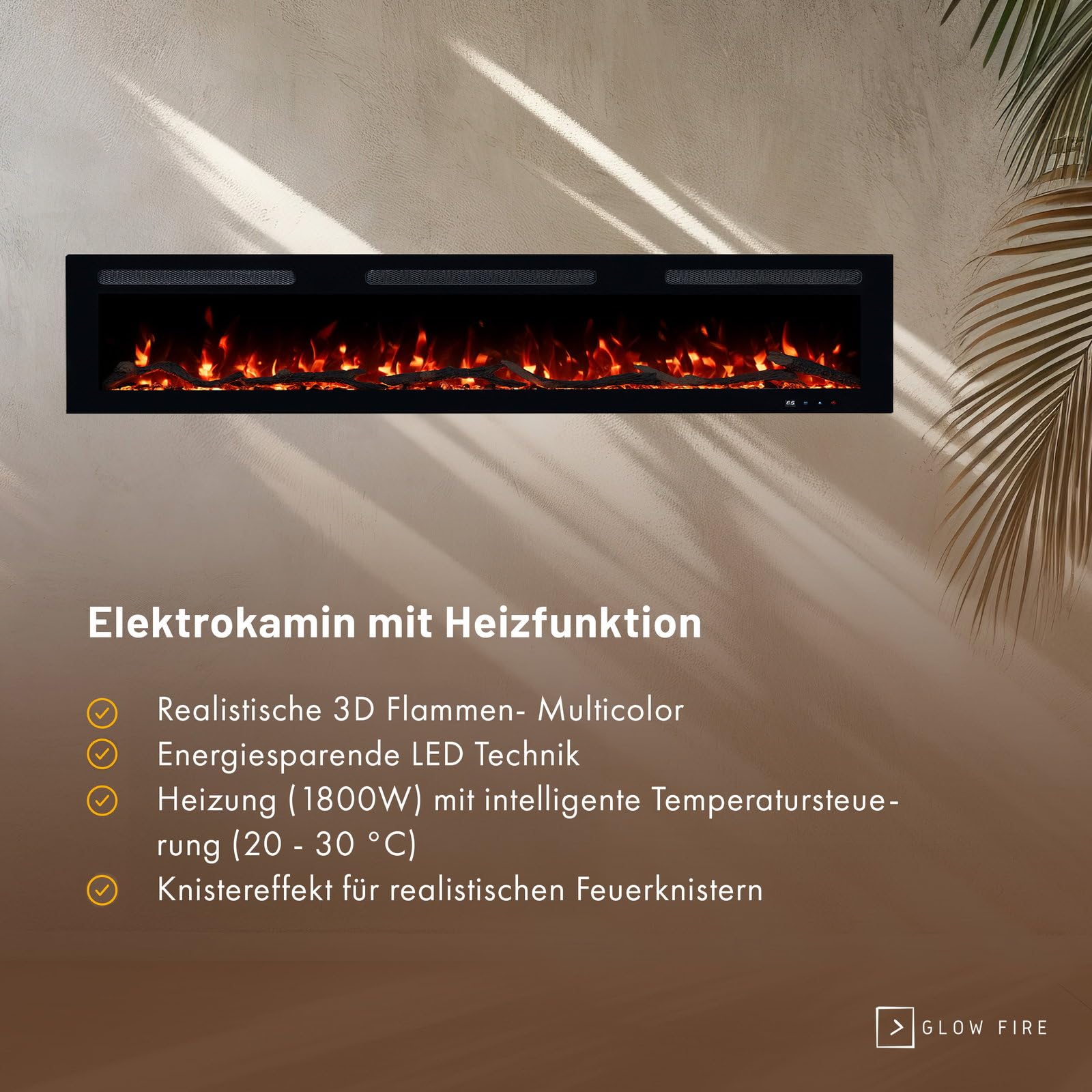 GLOW FIRE Kominek elektryczny Inside 182 z realistycznym ogniem LED 3D – ścienny kominek elektryczny z ogrzewaniem i ogniem, sterowanie za pomocą aplikacji, efekt trzaskania i timer, maks. 1800 W, 182