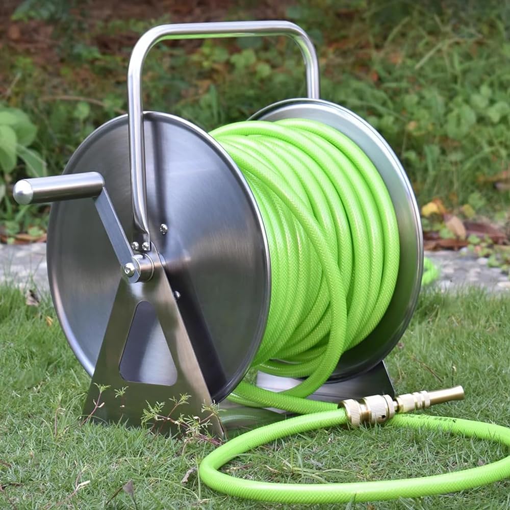 Carrete de manguera de jardín de acero inoxidable, soporte de manguera de agua de metal resistente para jardinería al aire libre