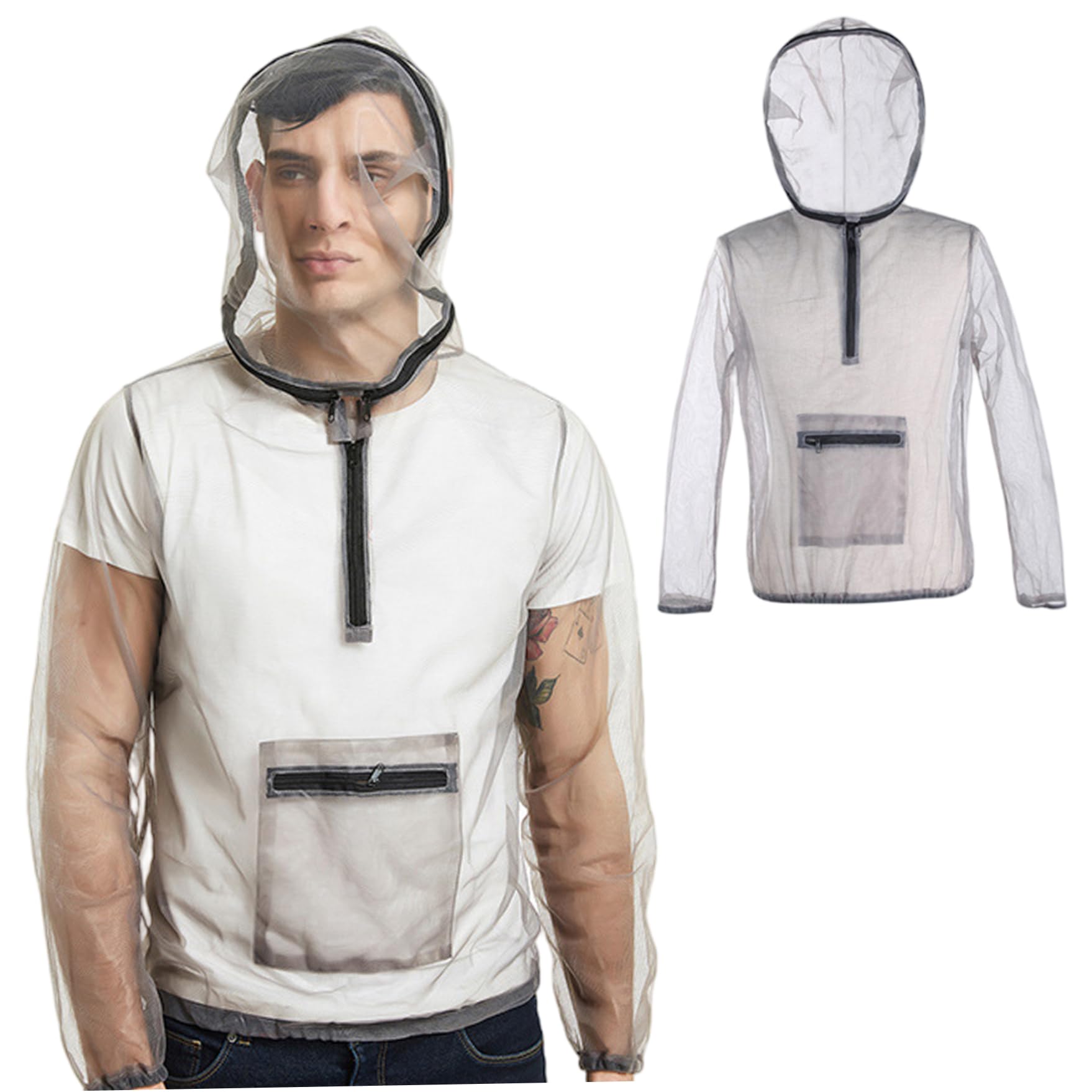 Tuta antizanzare con Cappuccio - Giacca antizanzare in Rete Leggera per Protezione Esterna, Cappuccio Staccabile e Borsa Inclusa (Grigio, 2XL), Tuta