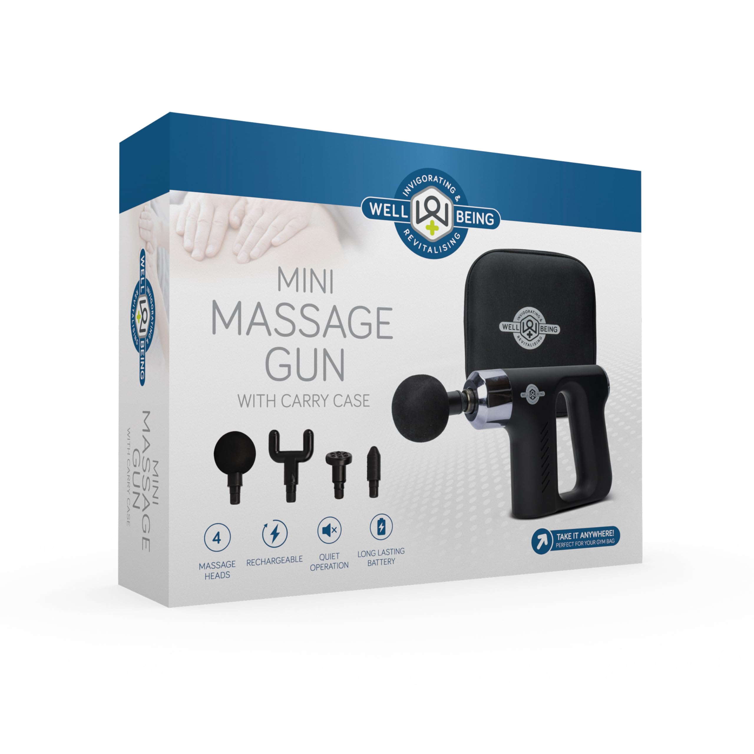 Well Being USB Wiederaufladbare Mini-Massagepistole mit 4 Massageköpfen & Reiseetui