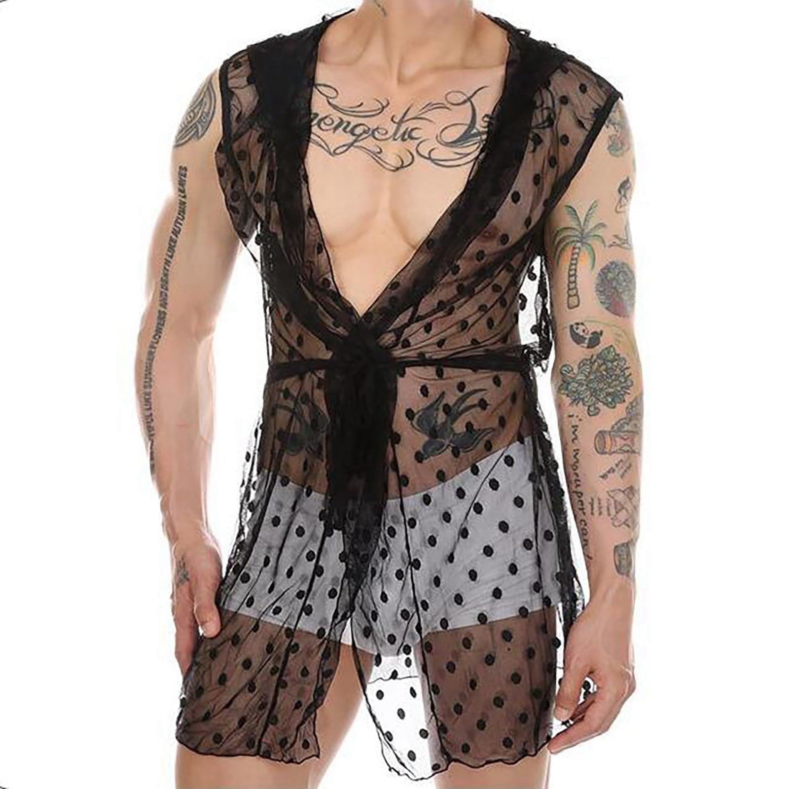 Robe de chambre longue en dentelle pour homme - Lingerie sexy - Chemise transparente - Veste sans manches - Débardeurs - Vêtements de nuit en maille - Sous-vêtements - Chemise en maille
