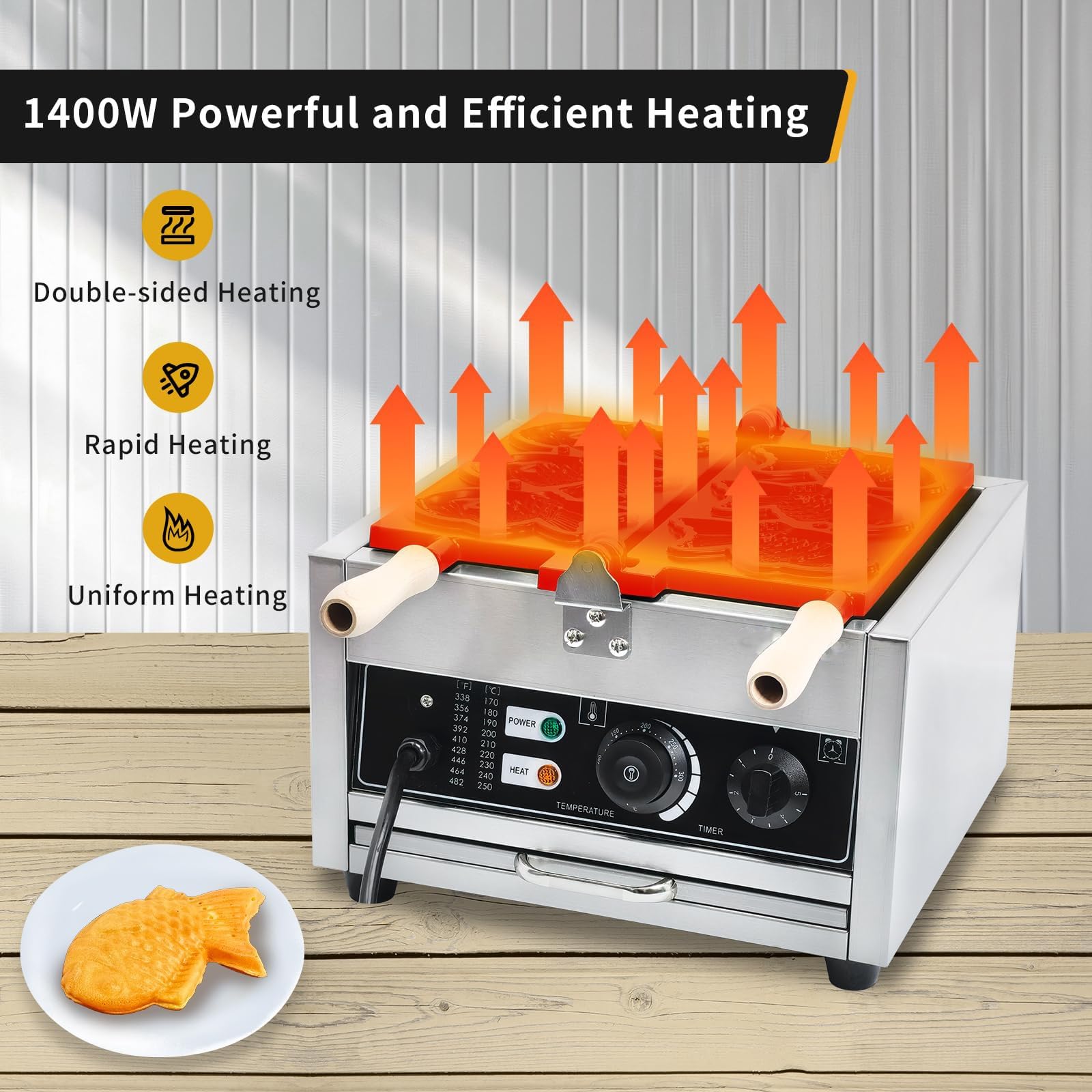 Elektryczna gofrownica do gofrów Taiyaki, 1400 W, 3 sztuki, japońska, z powłoką zapobiegającą przywieraniu, dwustronna, grzanie 180°, obrotowa gofrownica do restauracji i barów szybkiej obsługi