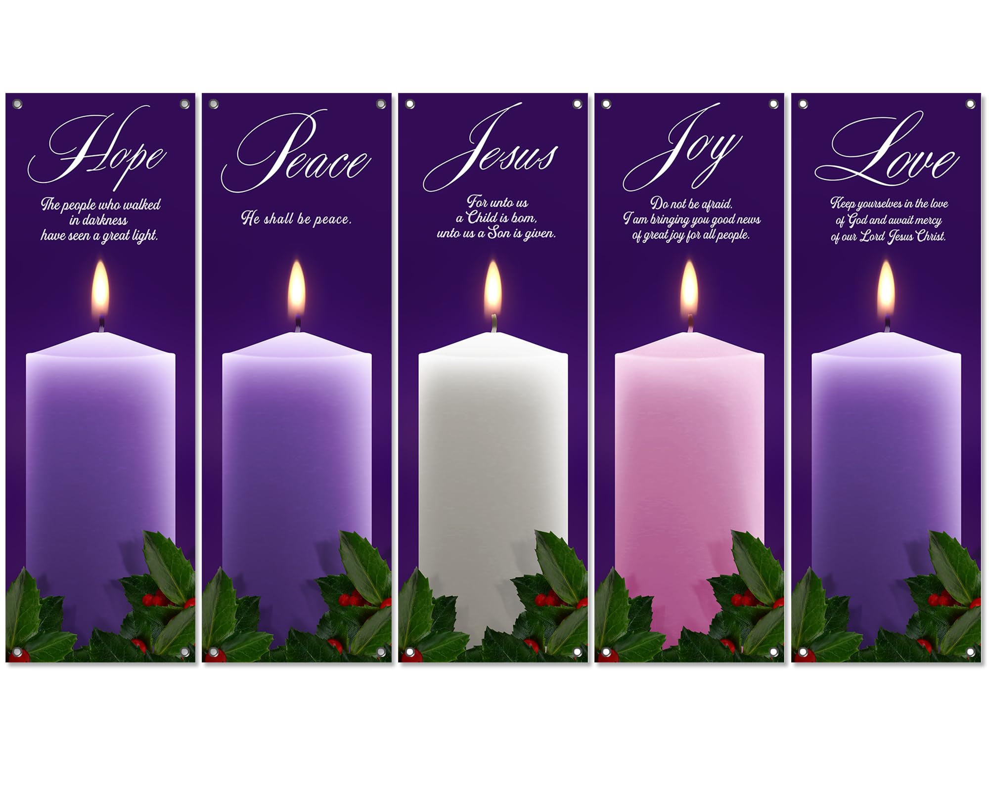 5Pcs 2x6 Ft Religious Church Banner with Scripture Christian Candles Banner for Sanctuary Wall Hope Peace Joy Love Jesus Prayer Flag Welcome Religious Praise Hanging Signs Decor for Holiday Church