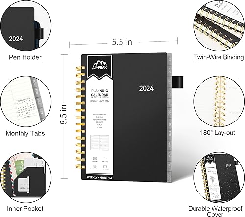 Miniatura 7 de Agenda 2024, 2024 semanal y mensual, enero 2024 a diciembre 2024, agenda AIMPEAK con pestañas, bolsillo, bucle para bolígrafo, cubierta impermeable