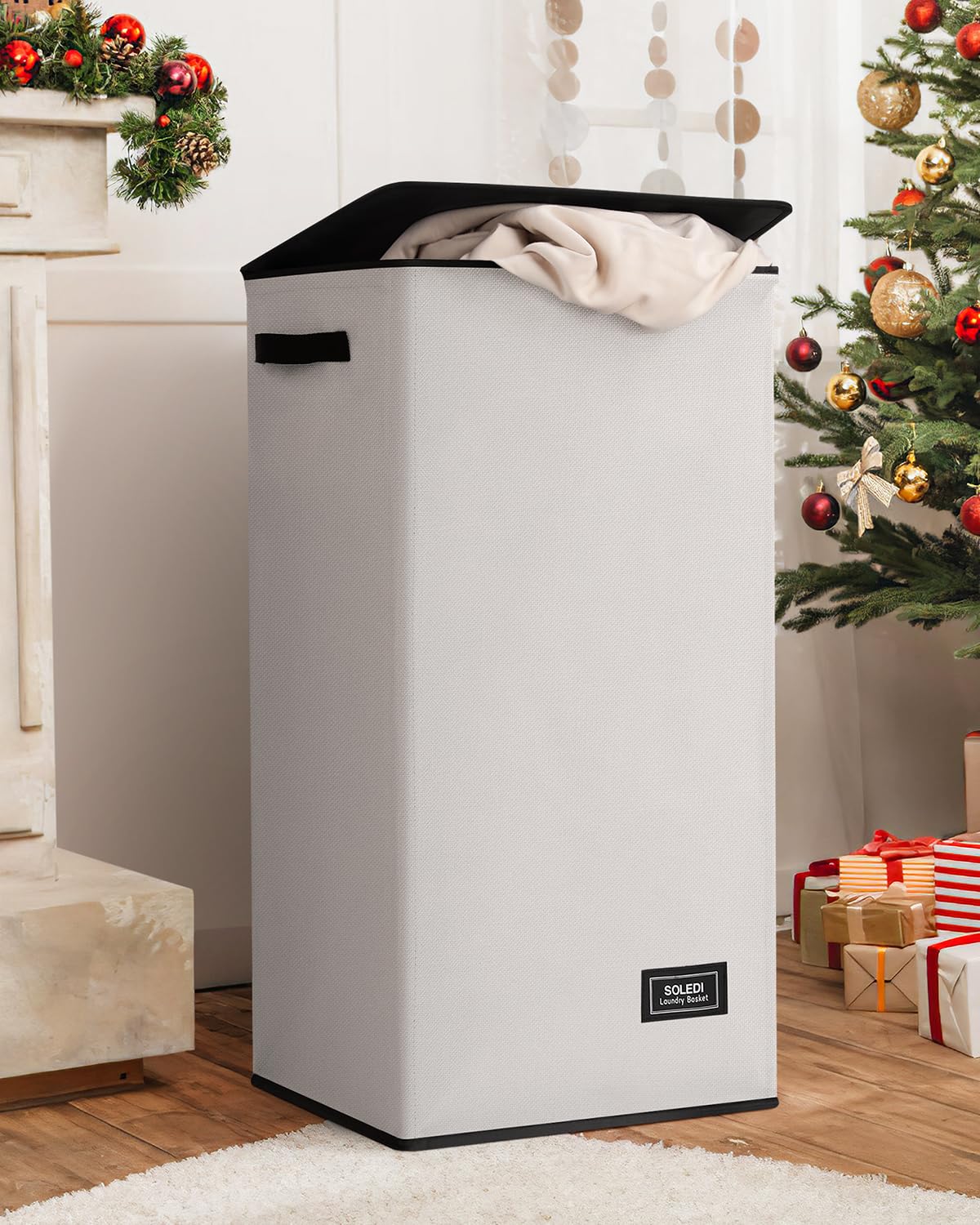 SOLEDICollapsible Laundry Hamper with Lid - 100L XL - Large Basket with Removable Bag, Convenient Storage - Hampers for Bedroom, Bathroom, Closet, Dorm - Off-White