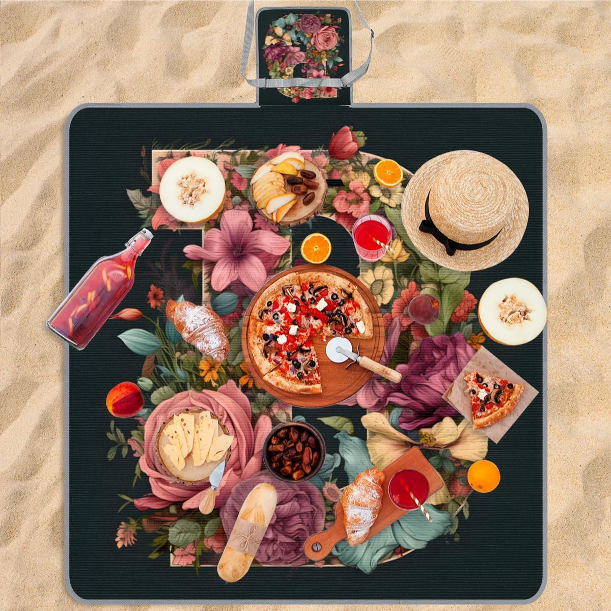 Mantas de picnic de 150 x 145 cm, diseño de flores artísticas con letra B, plegable, manta de playa para exteriores, impermeable, para playa, camping, senderismo, picnic