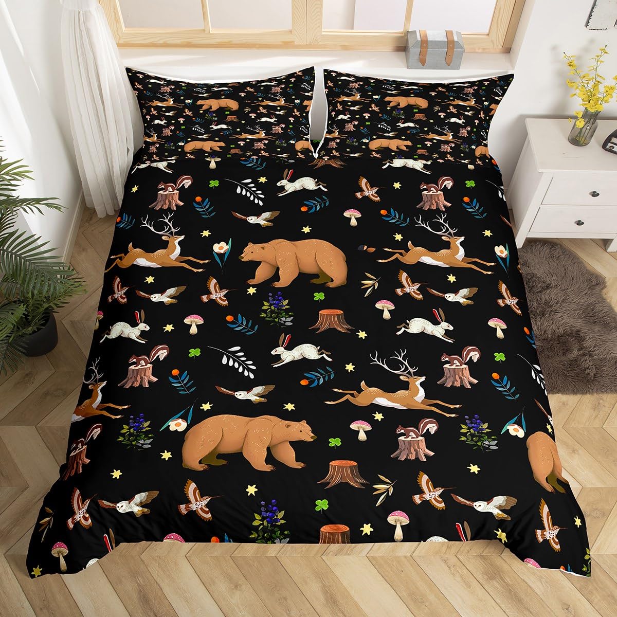 richhome Bear Duvet Cover King Size Toddler Deer Hunting Bedding Set for Boys Farmhouse Mushroom Rabbit Comforter Cover Set Bird Cabin Black Bedclothes Zipper
