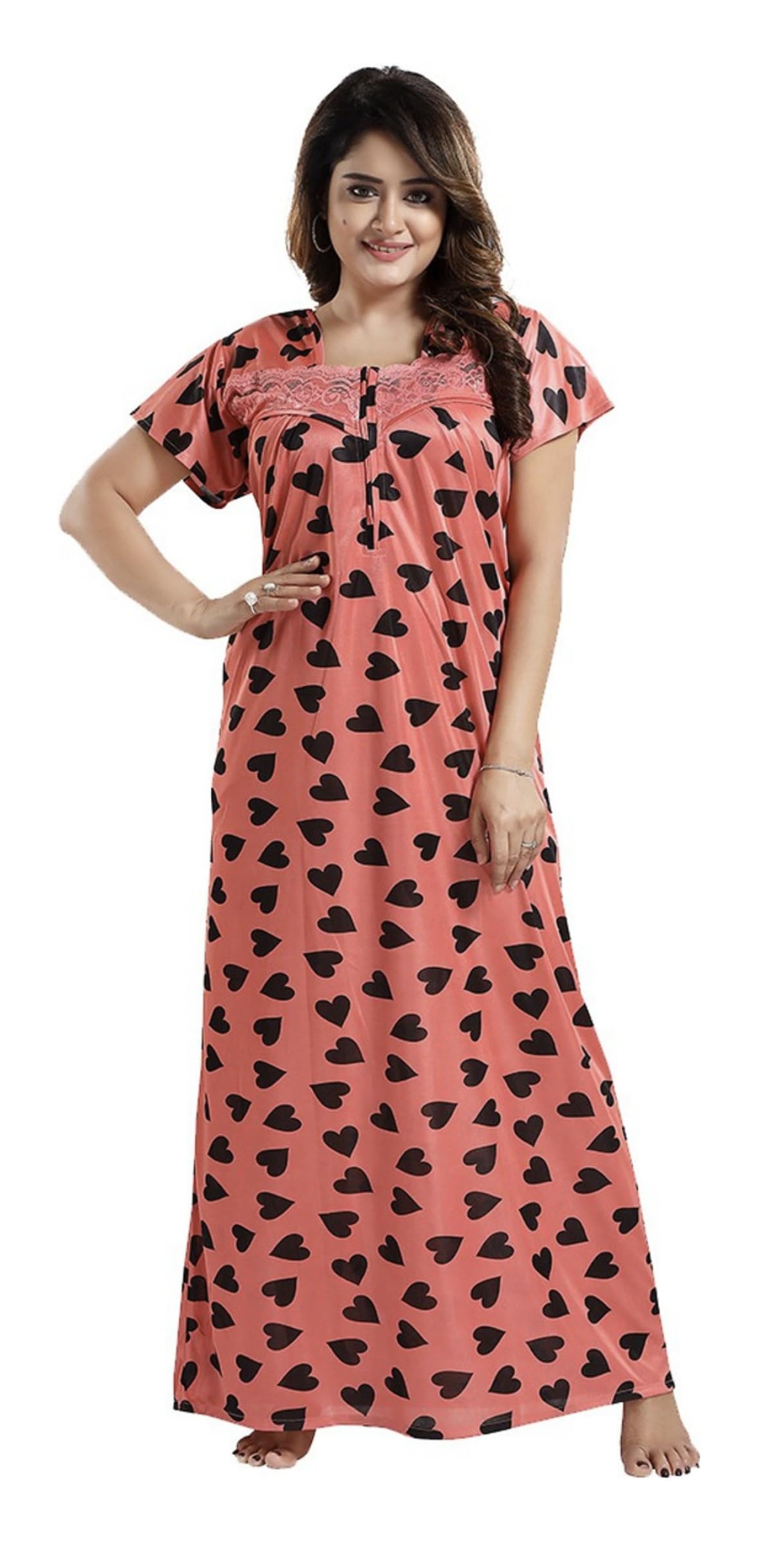 yazia Women's Heart Print Nightgown Maxi | Maternity Maxi Sleep Dress with Lace Trim, Short Sleeves, Soft & Breathable Satin Fabric – Sizes M-XL-picture-44