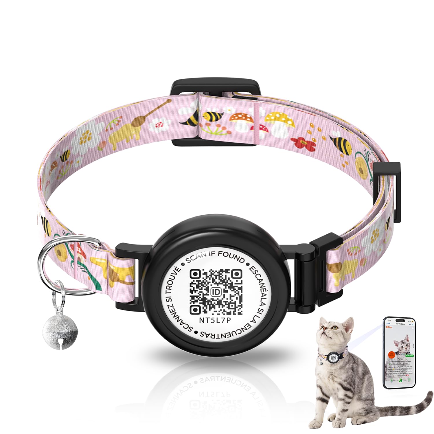 AmxminaID Cat Collar Breakaway with Bells Airtag Holder,Kitten Collar with QR Code ID Tag,Soft Polyester (Pink)
