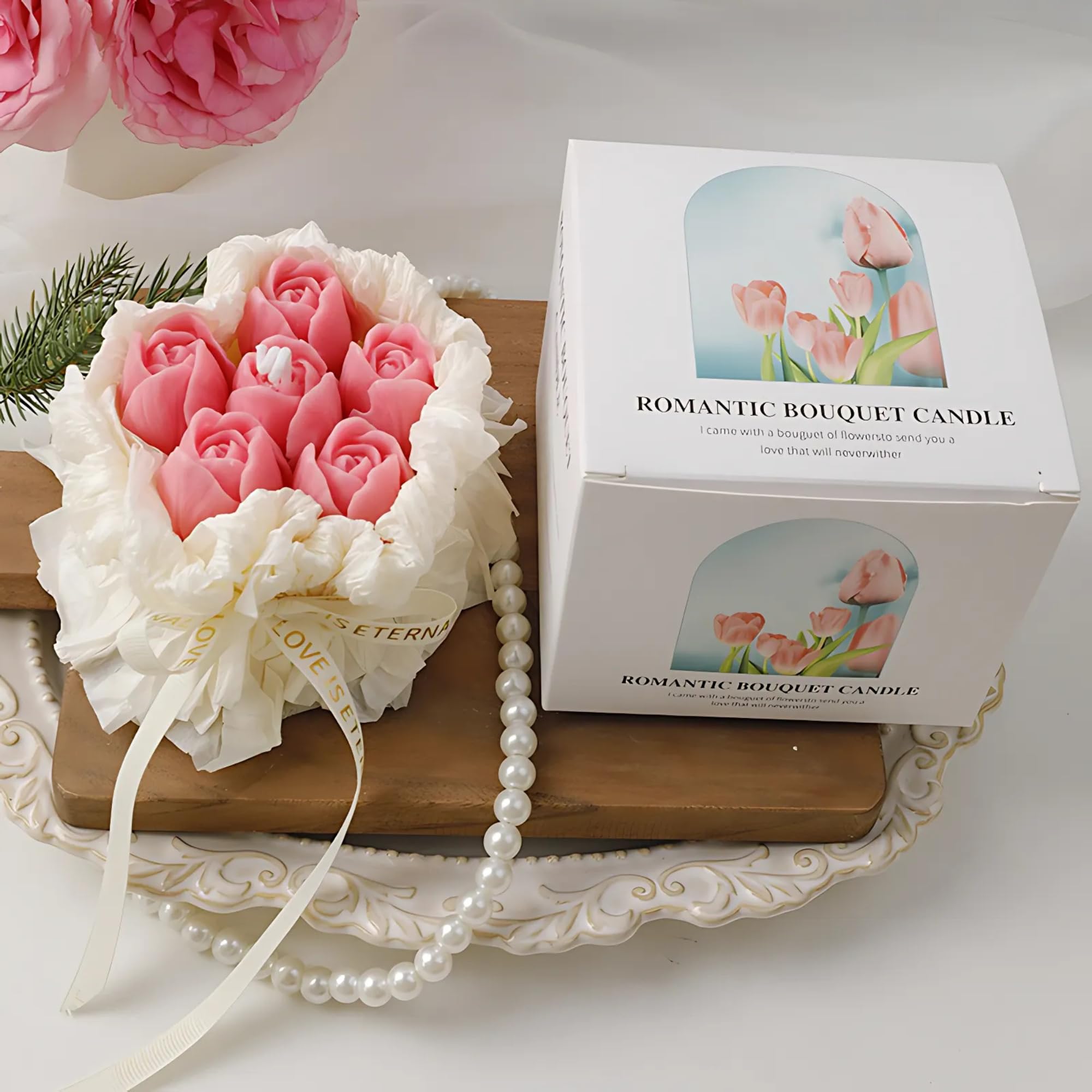 Handmade Floral Bouquet Candle, Scented Peony & Rose Shape, Gift for Women, Home Décor, Aromatherapy, Small (2.8"x2.4", 3 Flowers) & Large (3.6"x3", 5 Flowers) – Pink & Rose Red (Pink, Large)