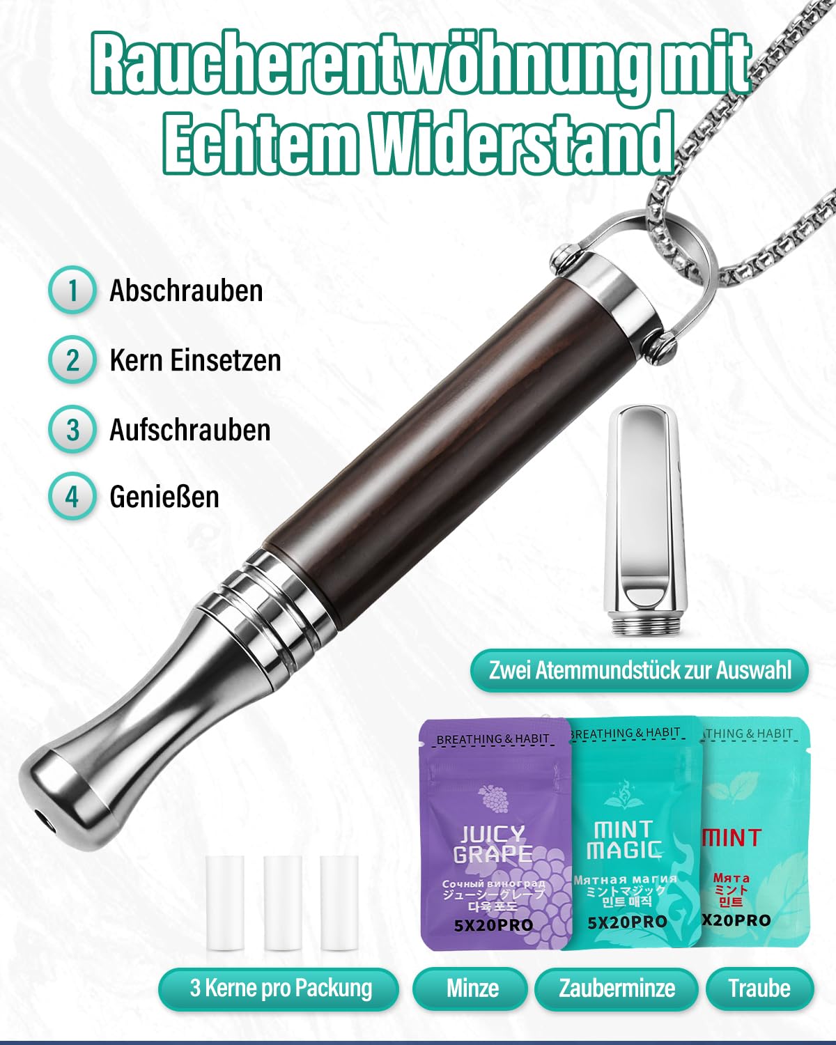 Rauchentwöhnung Hilfsmittel mit 9 Filtern, Nikotin- & Chemiefrei, Atemtrainer gegen Stressabbau & Atemtraining, Anti Rauch Hilfsmittel mit Minze, Zauberminze & Traube, Schwarz