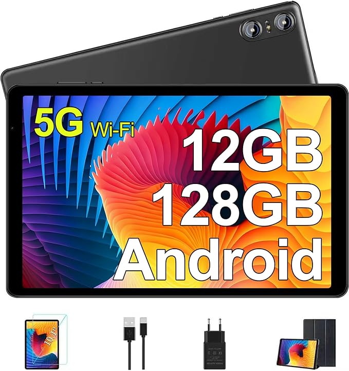 BIEGEDY Tablet 10 Pulgadas PC 12GB RAM + 128GB ROM/TF 1TB,Octa-Core 2.0 GHz, | 5G WiFi | Bluetooth 5.0 | 6000mAh | 1280 * 800 Pixels | 5MP+8MP, Tablet con Funda Negro