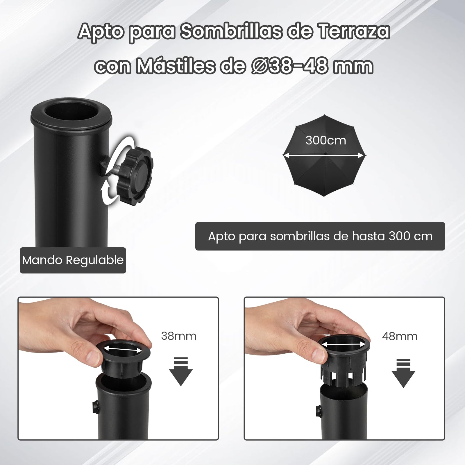 RELAX4LIFE Base Sombrilla Φ52cm con 4 Ruedas con Frenos y 2 Asas Retráctiles para Poste Φ 38/48mm, Pie Sombrilla Terraza Exterior de Resina para Jardín, Patio, Balcón, 52x52x42,5 cm