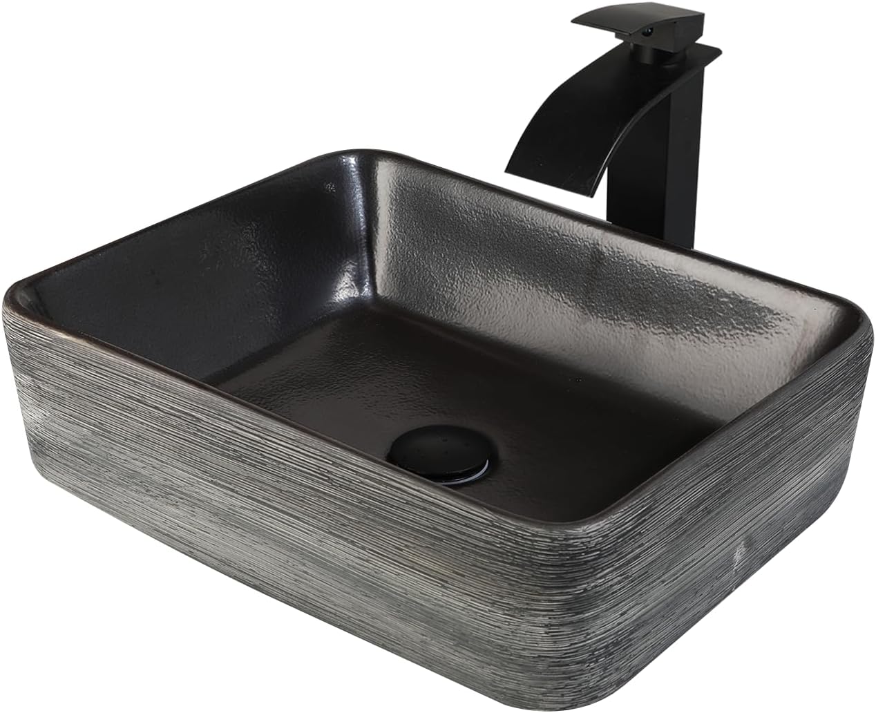 Black Vessel Sink Rectangle 18"x14" Bathroom Sink Above Counter Porcelain Ceramic Small Sink Bowl Ceramic Vessel Sinks with Waterfall Faucet and Pop-up Drain for Bathrooms