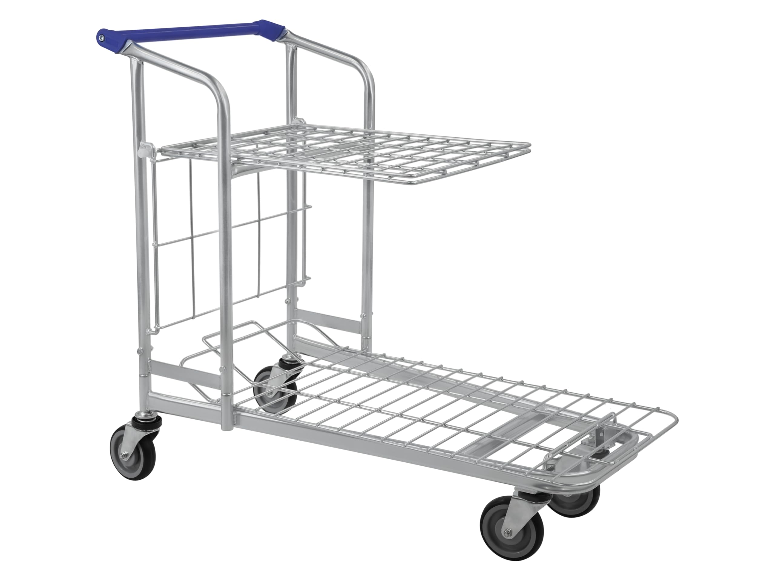The Workplace Depot Steel Flatbed Wholesale Trolley, 2 Tier Fully Nestable Cart With Fold Down Shelf & Easy Grip Handle On Swivel Wheels For Warehouses, Retail Stores, Workshops