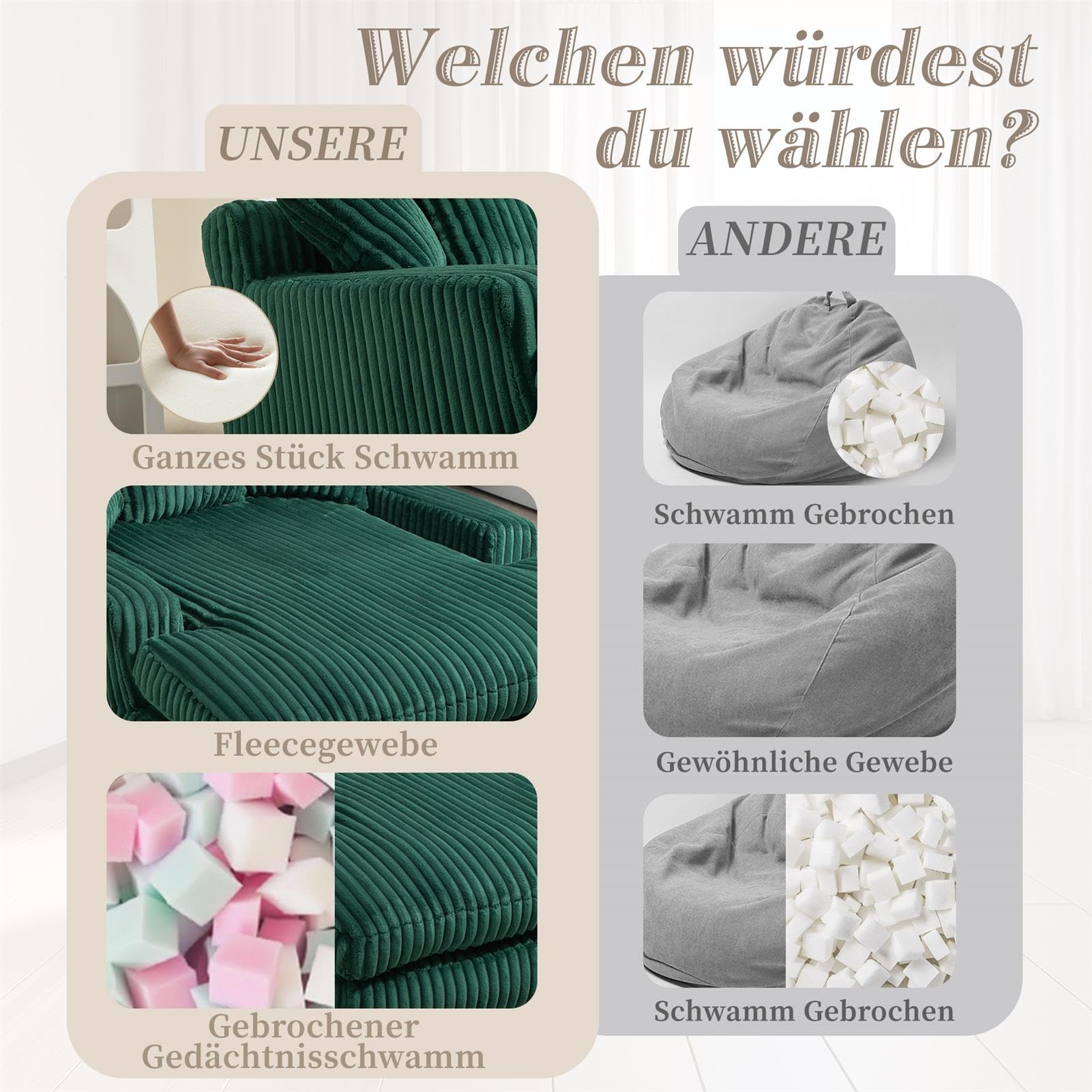 Cord Schlafsofa Cloud Couch mit 3 Weichen Kissen, 155 cm Lange, Rahmenlose Chaiselongue mit Extra Tiefer SitzfläChe, Bequemes Einzelsitz Bodensofa für Wohnzimmer, Wohnung Oder BüRo