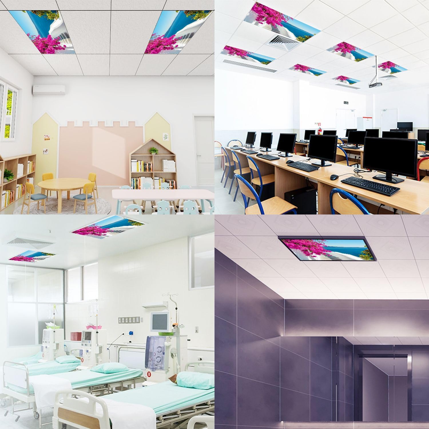 Fluorescent Light Covers for Ceiling Lights White Architecture Pink Flowers sea View Santorini Island Easy to Install Magnetic Light Filter for Classroom Office Hospitals School Home Decor
