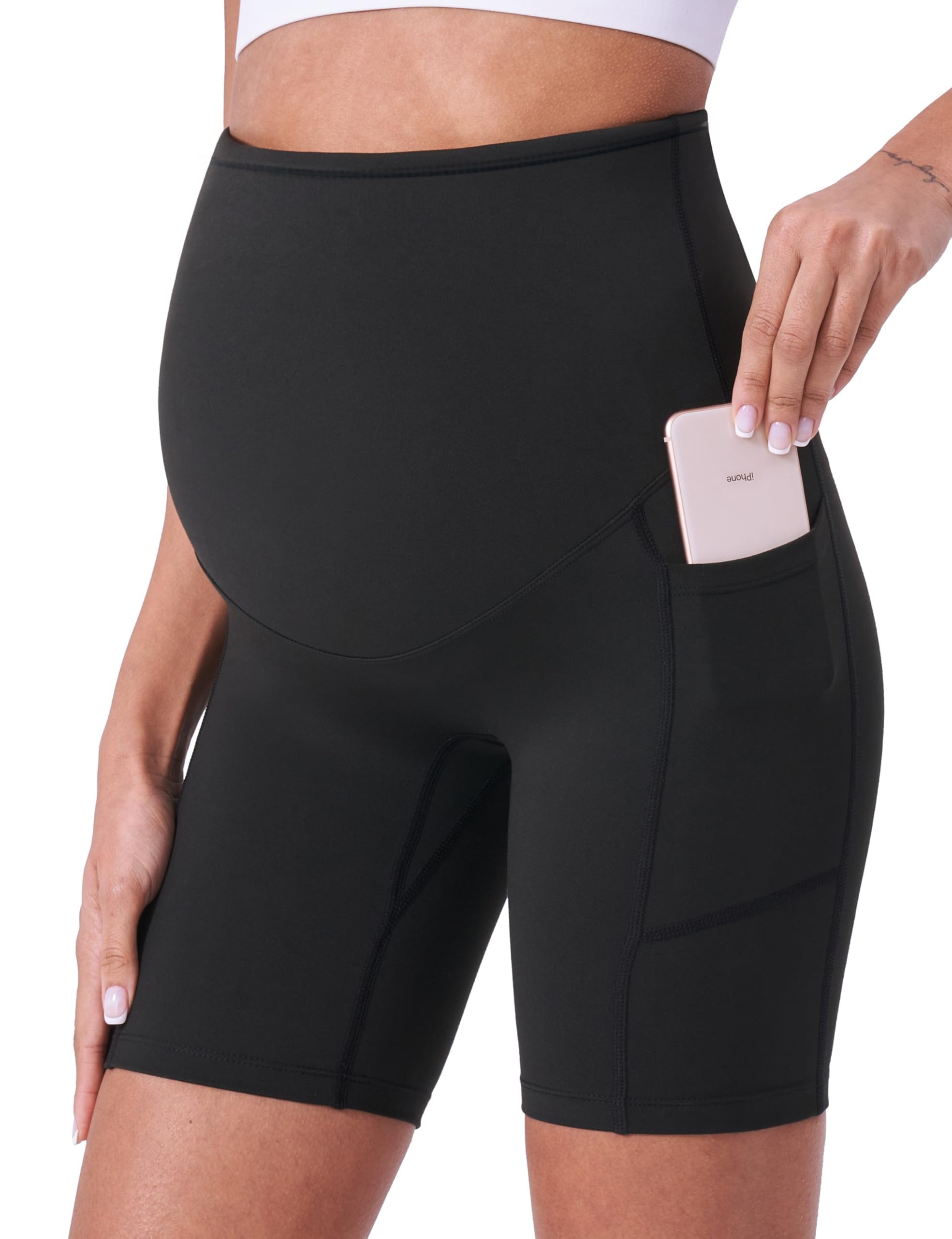 POSHDIVAH Pantalones cortos de maternidad sobre el vientre para mujer, pantalones cortos de entrenamiento para embarazo, con bolsillos de 8 pulgadas, negro (Black 8"), M
