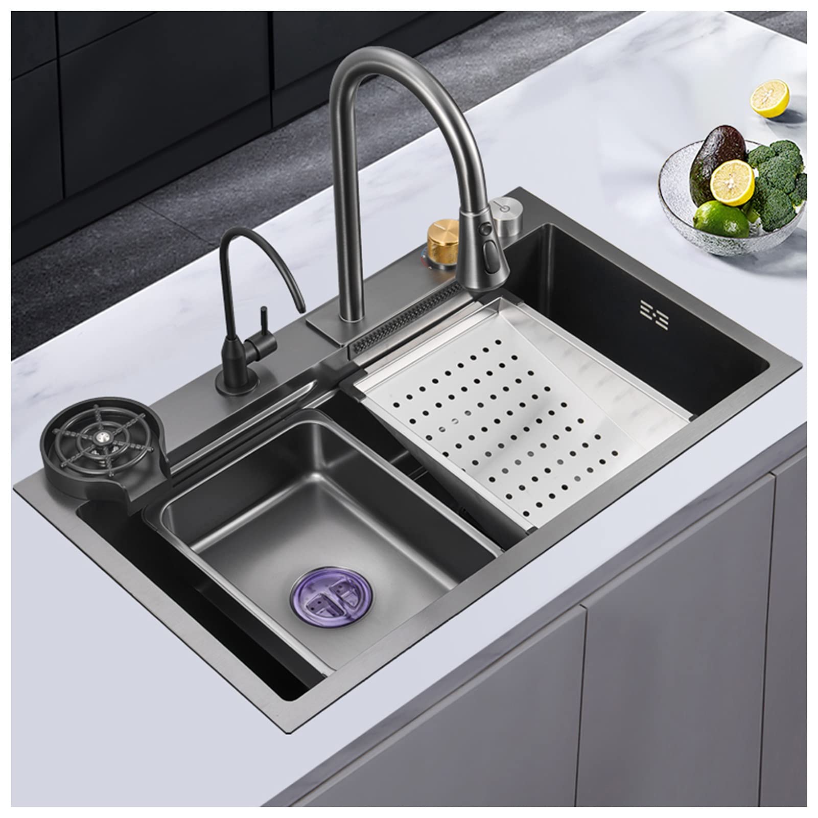 ZQFHSX Gun Grey Nano Bar Sink 304 Stainless Steel Waterfall Kitchen Multi-function Single Bowl Rv With Pull-Out Faucet And Drainage Components Top Mount Or Undermount (Color : Grey, Size 68