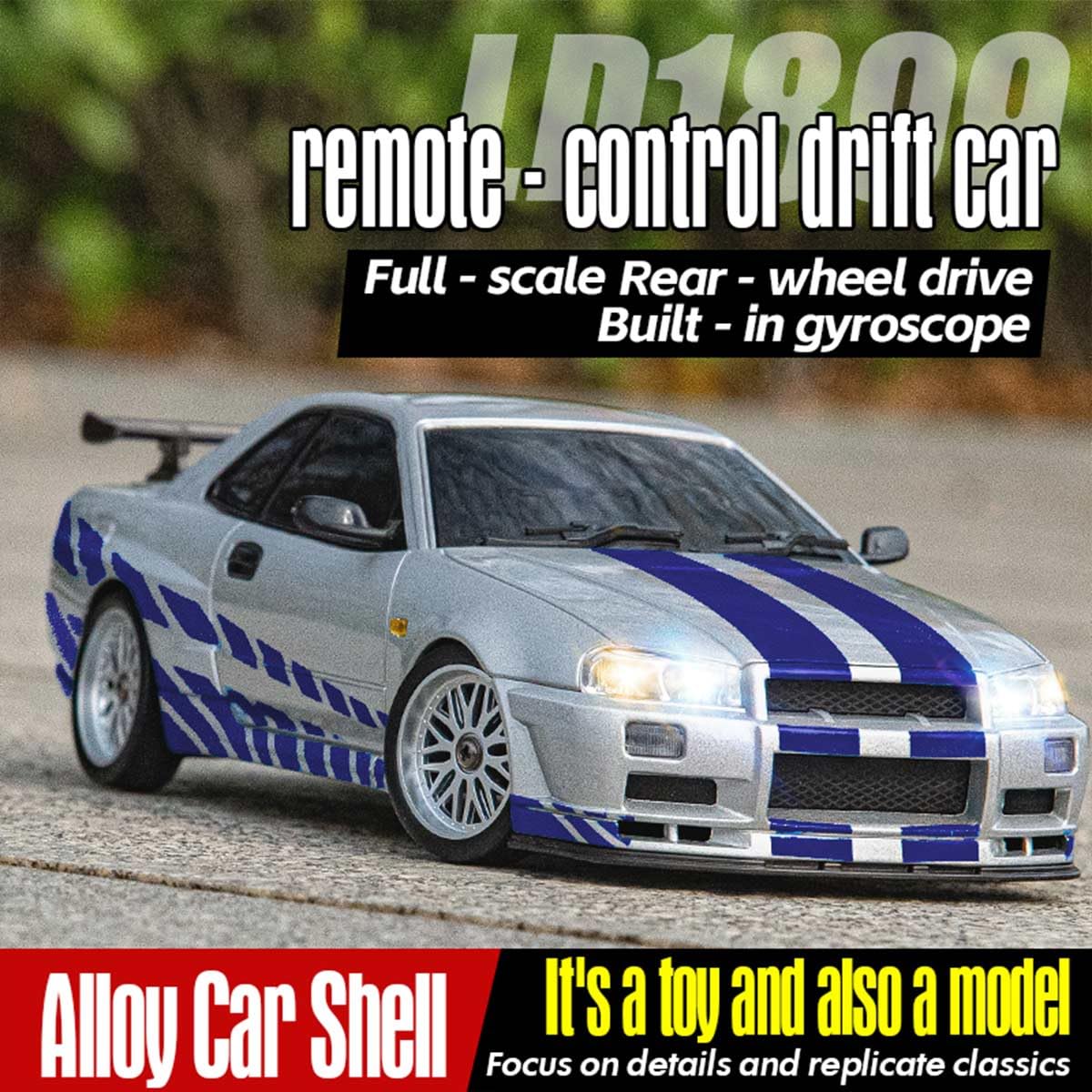 RC Drift Car z żyroskopem, skala 1/18, 2,4 G, 3-kanałowy, metalowy nadwozie, model samochodu z podnoszonymi reflektorami, świetny prezent dla nastolatków i dorosłych (wersja gyro RTR/srebrny)