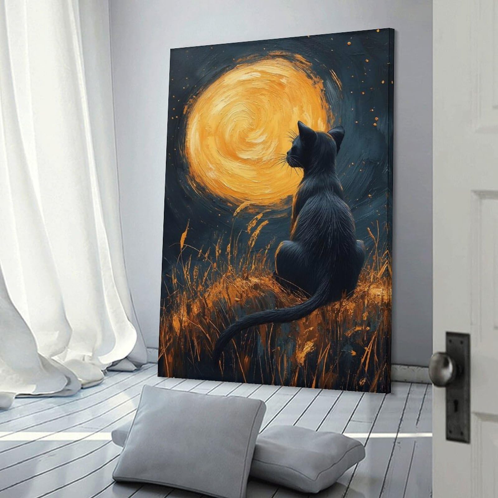 Junmoney Frame-Style-13-2 Black Cat Gazing At The Moon Wall Art Print, 20X30inch(50X75cm), For Corridors, Hallways Or Apartment Entries, Wall Decor To Refresh Empty Corners