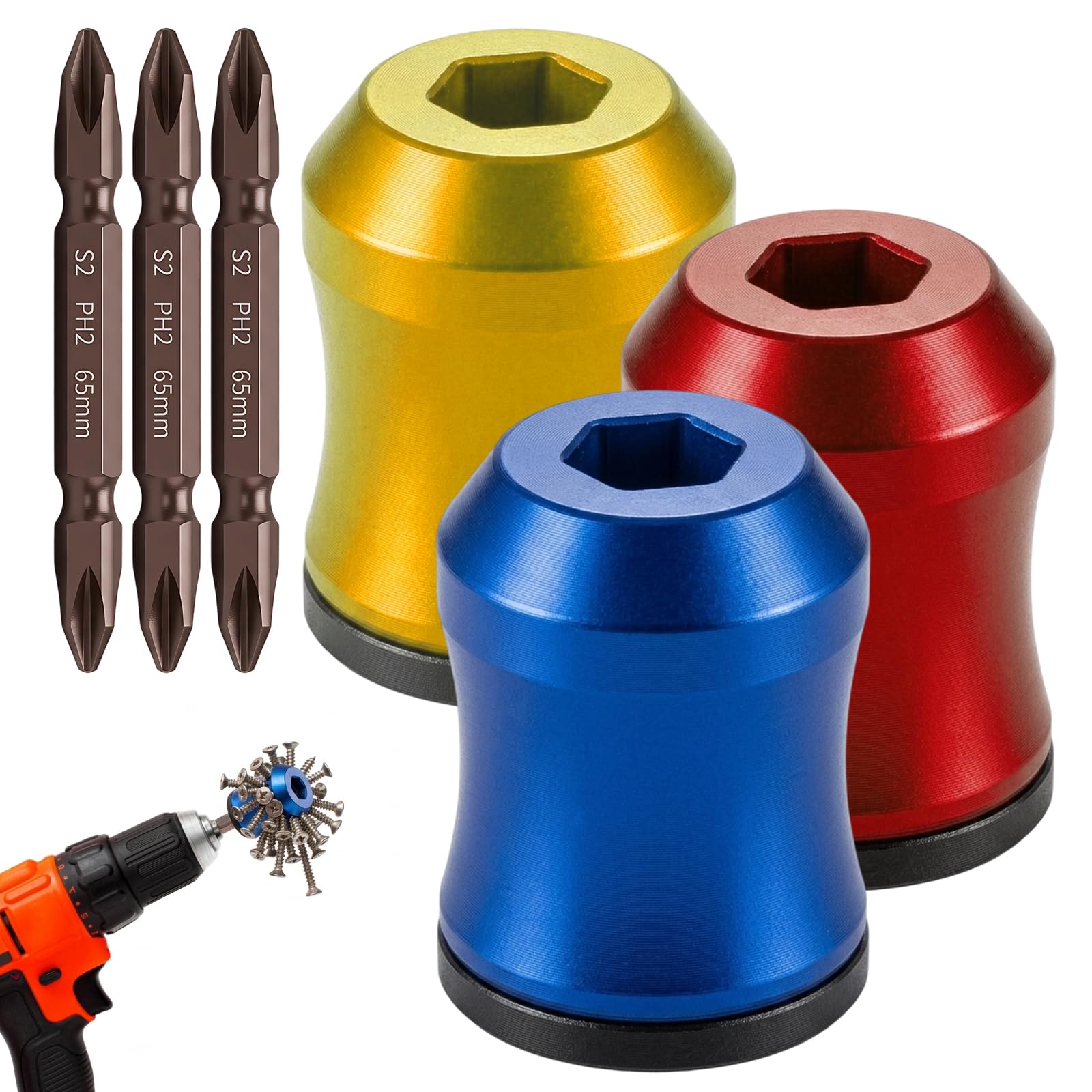 3Pcs Screwdriver Head Magnetic Ring with 3Pcs Ph2 Screwdriver Bit Set, Magnetic Screw Holder, for Household DIY Projects, Removable Household Tool for Drills| Universal Bit Holder for Hex Screwdrivers