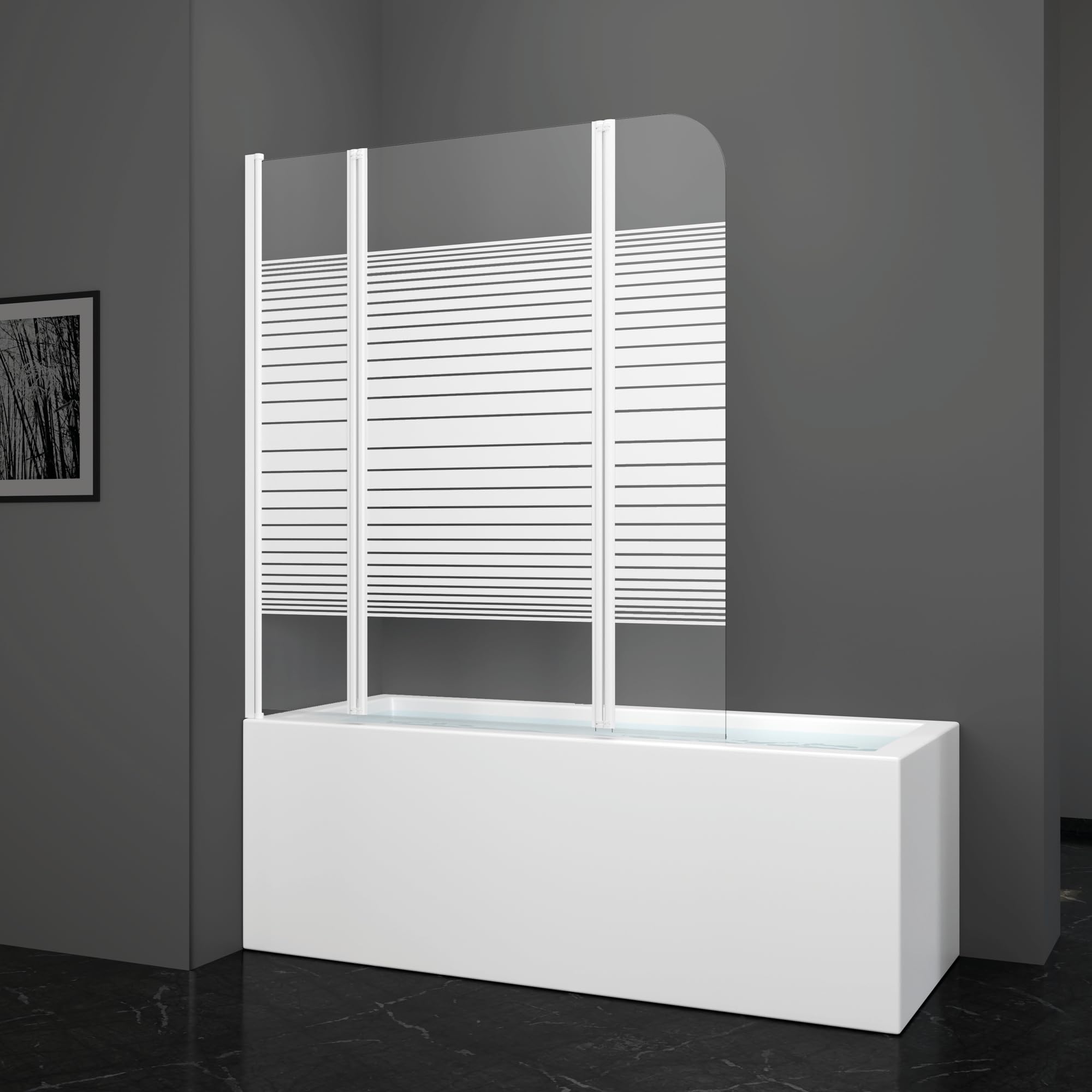 MARWELL White Lines - Mampara de ducha para bañera (125 x 140 cm, 3 piezas, plegable, color blanco mate), mampara de ducha de vidrio templado de seguridad de 4 mm de grosor