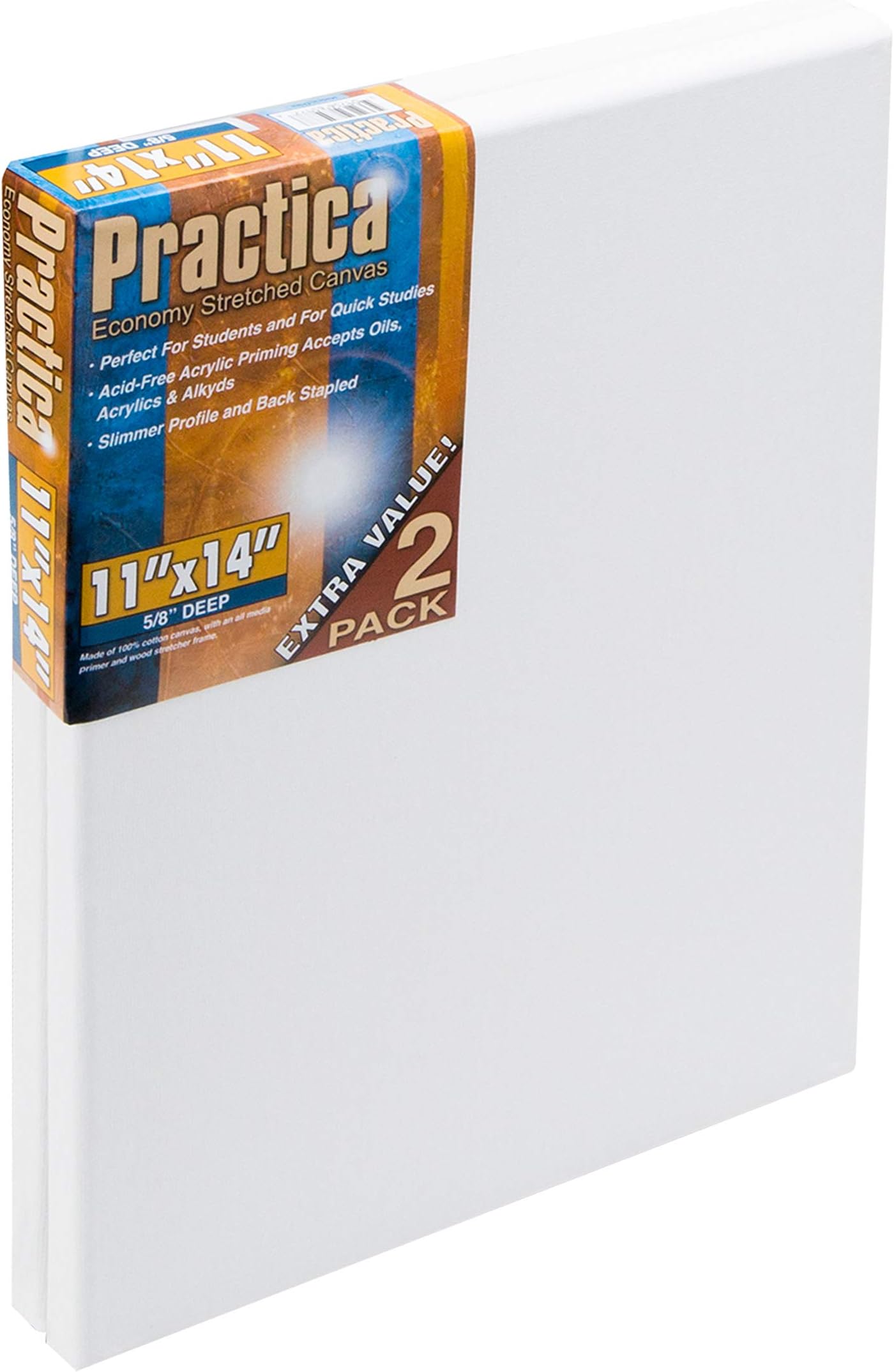 Practica Economy Stretched Cotton Canvas - Acid-Free Acrylic Primed Canvas for Acrylics, Pastels, Graphite, & More! - [2-Pack - 11x14"]