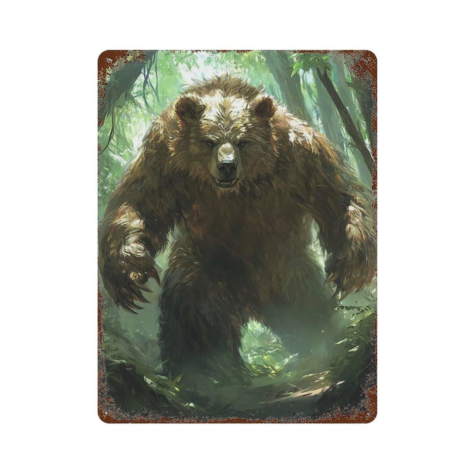 Grizzly Bear in Forest Rusty Metal Tin Sign 15.7"x11.8", Ideal for Patio, Garden Room And Bar Decor