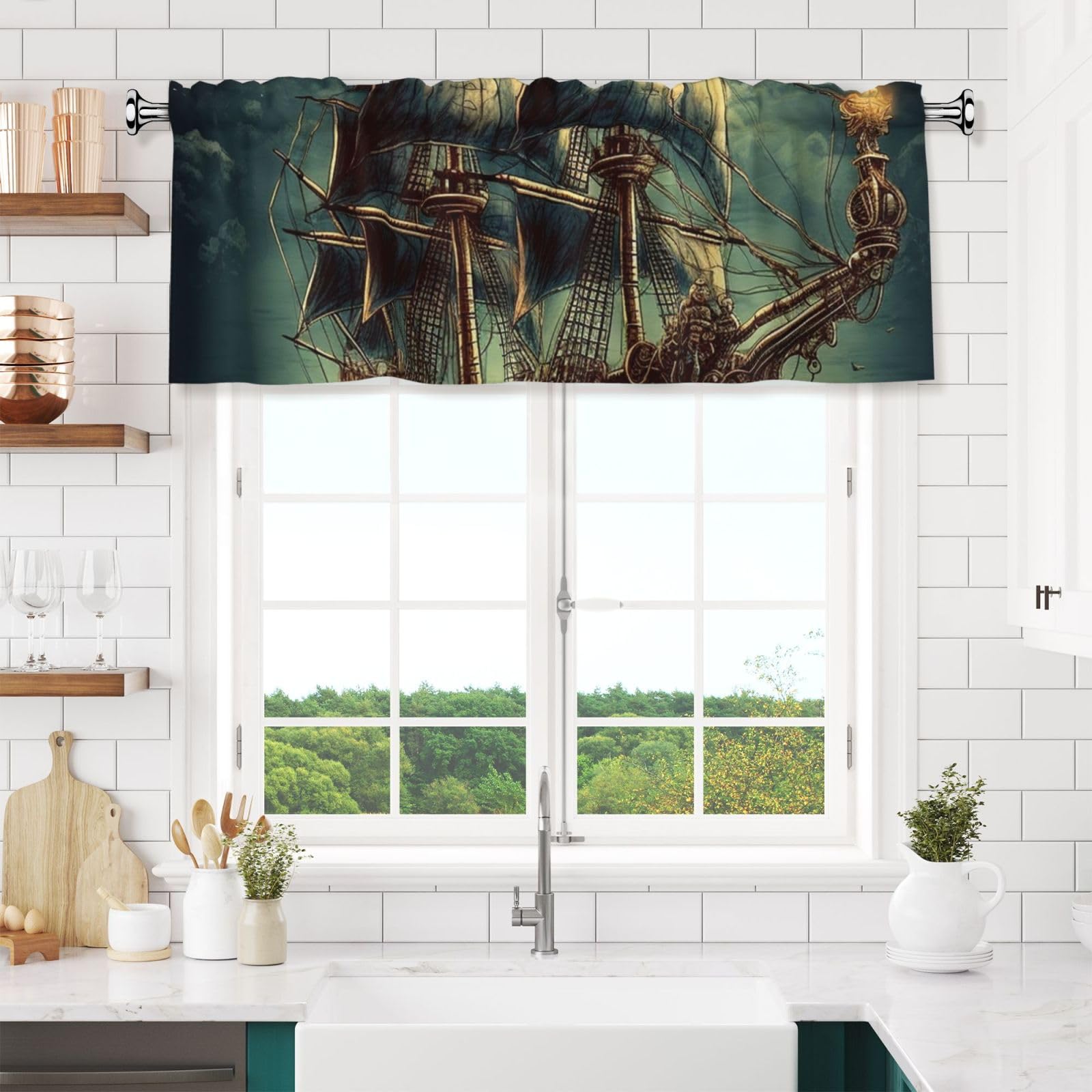 Nautical Vintage Ship Valances for Windows Short Curtains Rod Pocket Cafe Window Treatments Valance Curtains for Kitchen Bathroom Laundry Basement Windows 54x18inch Blackout Window Valance
