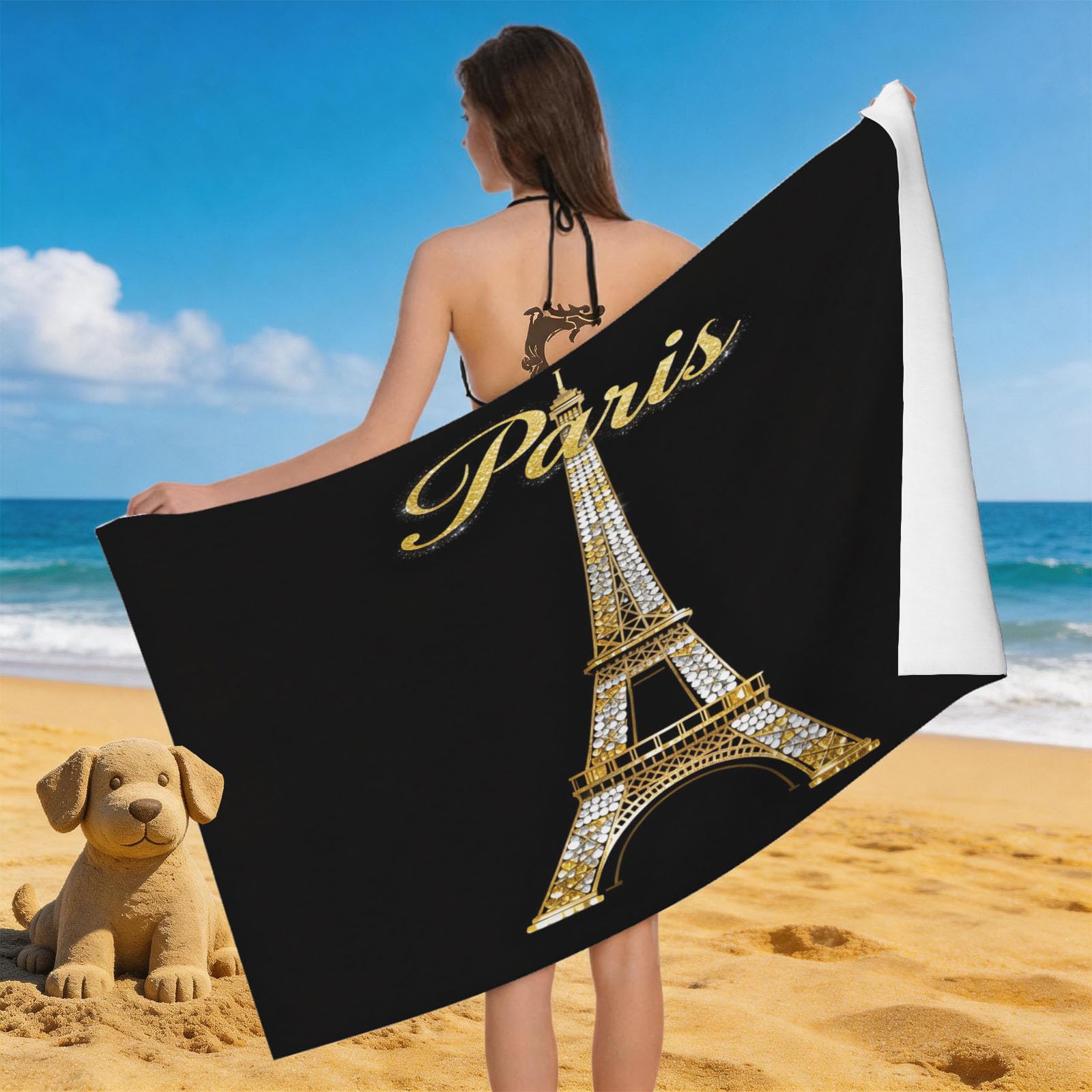 Leichong 3D Eiffel Tower Beach Towel Large Microfiber Soft Quick Dry for Adults, Chic Bath Towel Lightweight Soft Absorbent for Travel Swimming Pool Sports, 80 x 160 cm