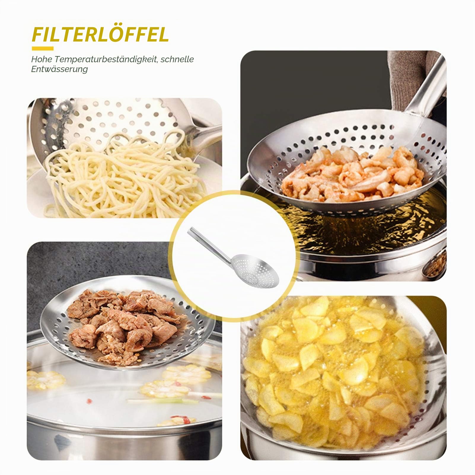 Housoutil Edelstahl Filterlöffel 16.14 Zoll Mit Feinmaschigem Sieb Multifunktionaler Küchenhelfer Zum Abseihen Von Öl Nudeln Und Gemüse Für Haushalt Und Kochen