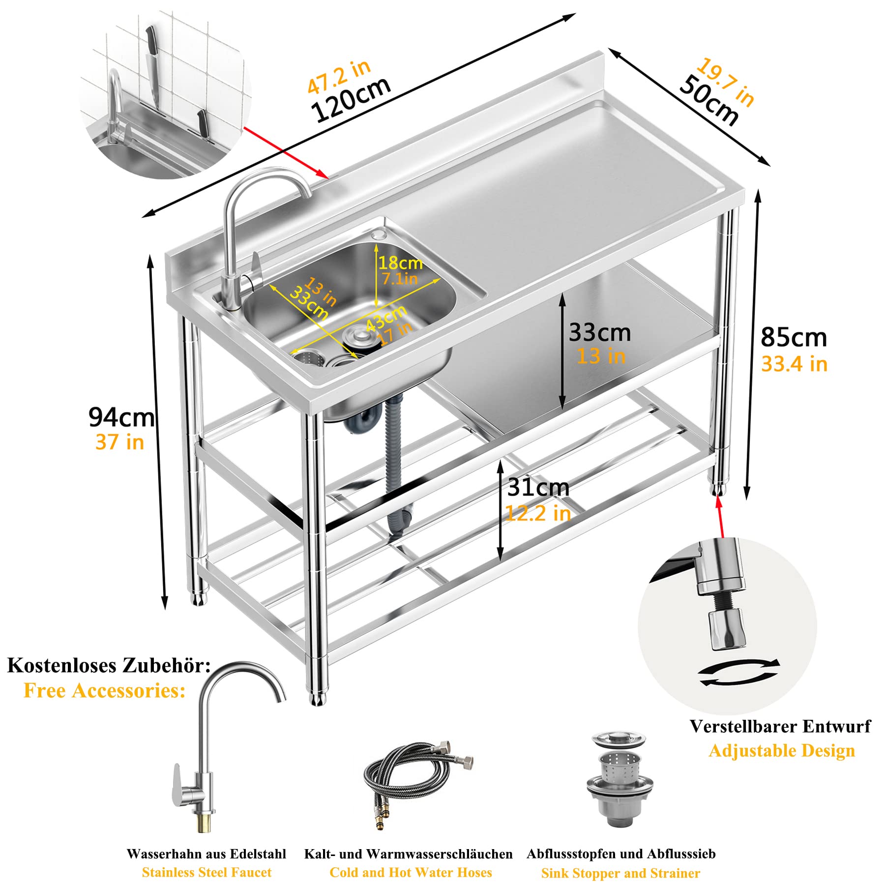 Freistehende Edelstahl Spültisch Gastro 1 Becken (Links), 120×50×94 cm Gewerbliche Spülbecken mit Wasserhahn mit Kalt und Warmwasserschläuchen, Ablassvorrichtung, für Außen, Innen, Küche, Restaurant