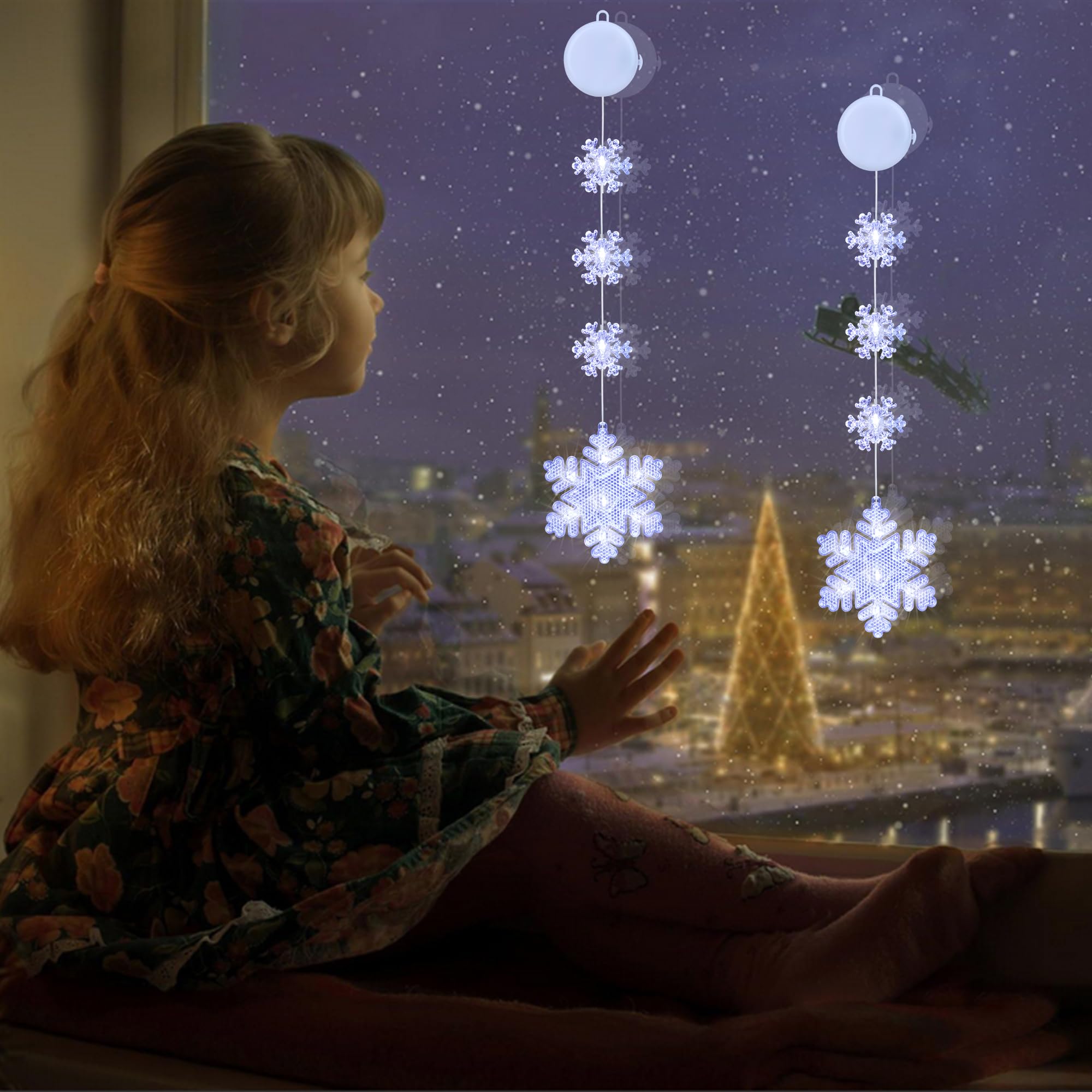 Qedertek Luci di Natale - 2 Pezzi Tenda Luminosa con Fiocco di Neve, Tenda Luci Natalizie a Batteria, Bianco, 2 Modalità, Timer, Luci Natale Decorativa per Albero di Natale, Finestra, Porta, Bar
