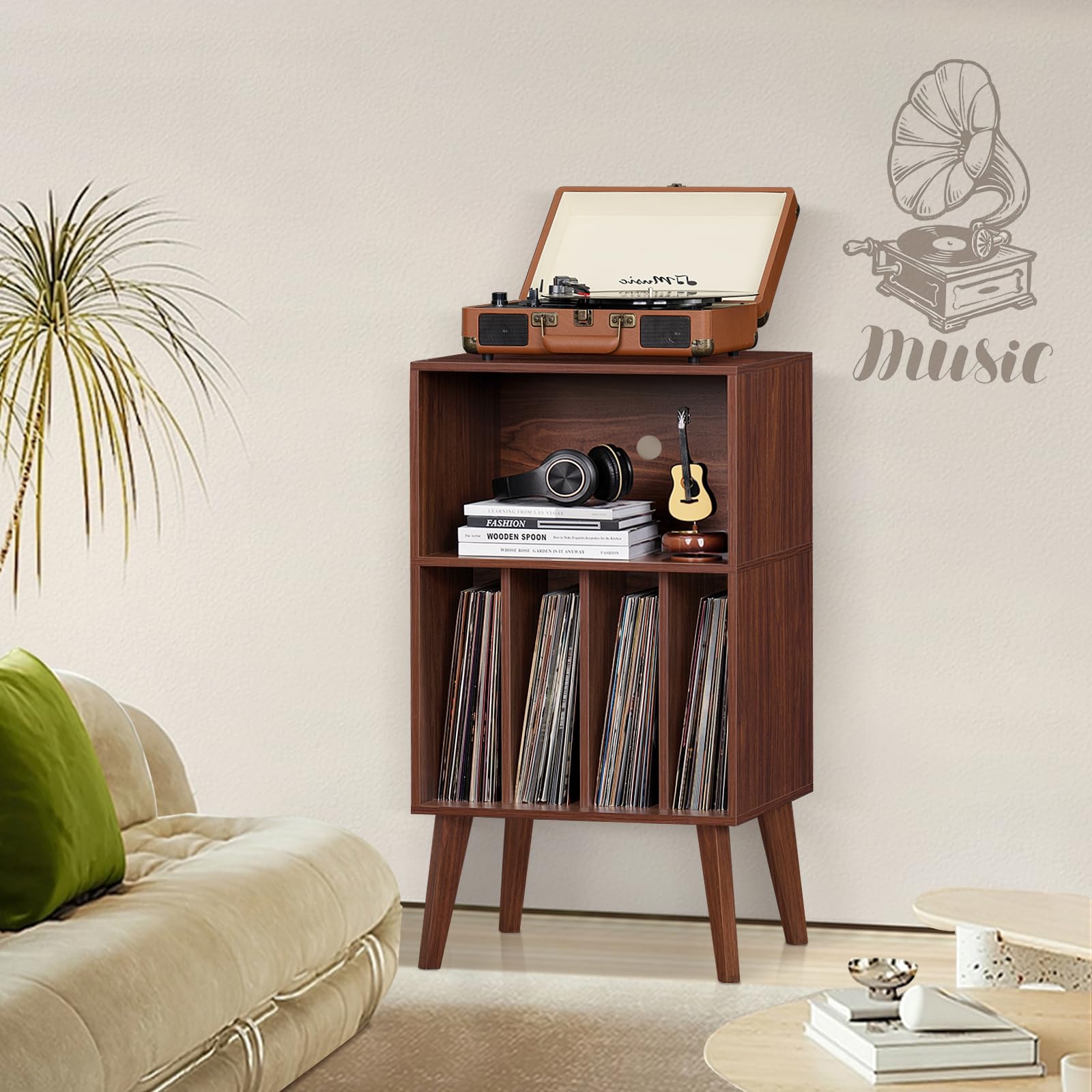 LELELINKY Supporto per giradischi, offre spazio fino a 160 album, supporto in vinile Mid-Century, tavolo con gambe in legno, noce