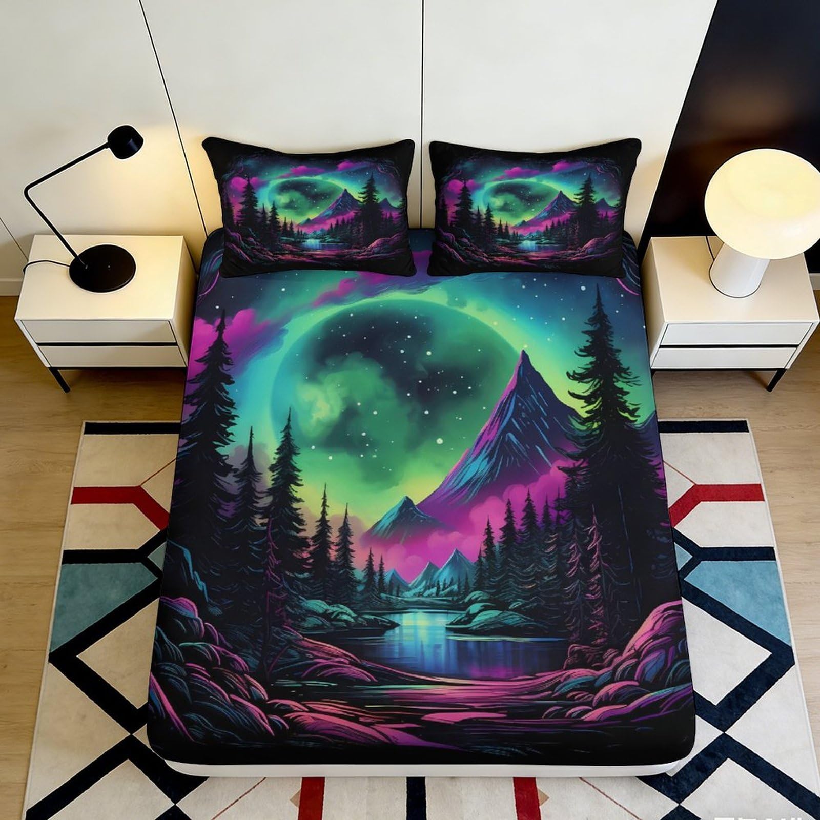 3D Printed Aurora Forest Fitted Sheet Microfiber Soft Breathable Mountain River Mattress Cover Bedroom Decor 90x200x25cm