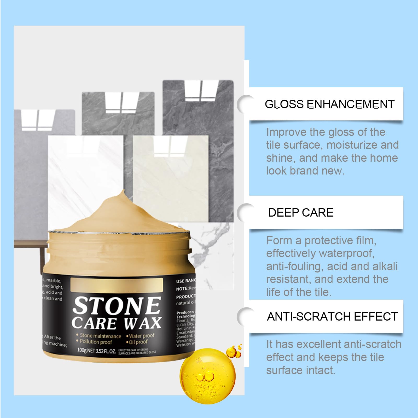 Cera de Pulido para Mármol,Cera para Pulir Piedra,Herramienta Eficaz de de Cuarzo con Acabado,Natural Stone Care,Protección De Pulido De Piedra,100G