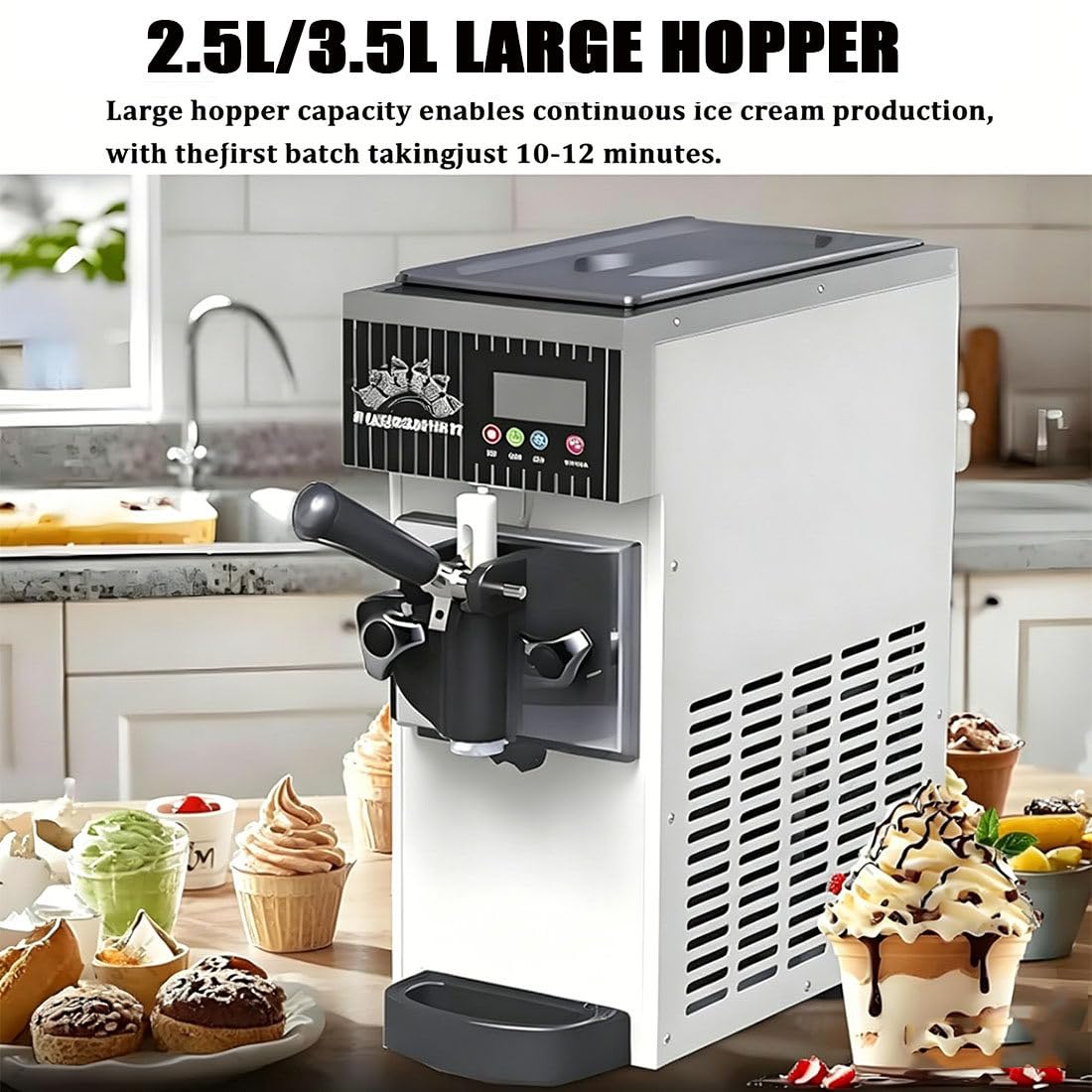 Máquina de Helado de Servicio Suave - Fabricante de encimera Comercial, 750W Power, Ofrece dispensación Continua de 4-8kg/H para restaurantes y Tiendas de postres