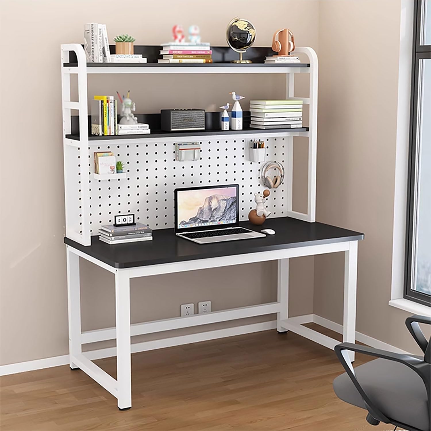 Generico Elegante scrivania Moderna per Computer con Ampio Spazio per Le Gambe, Robusta Struttura in Metallo, ripiano portaoggetti e libreria: Tavolo da Scrittura Ideale per L'Ufficio Domestico e Il