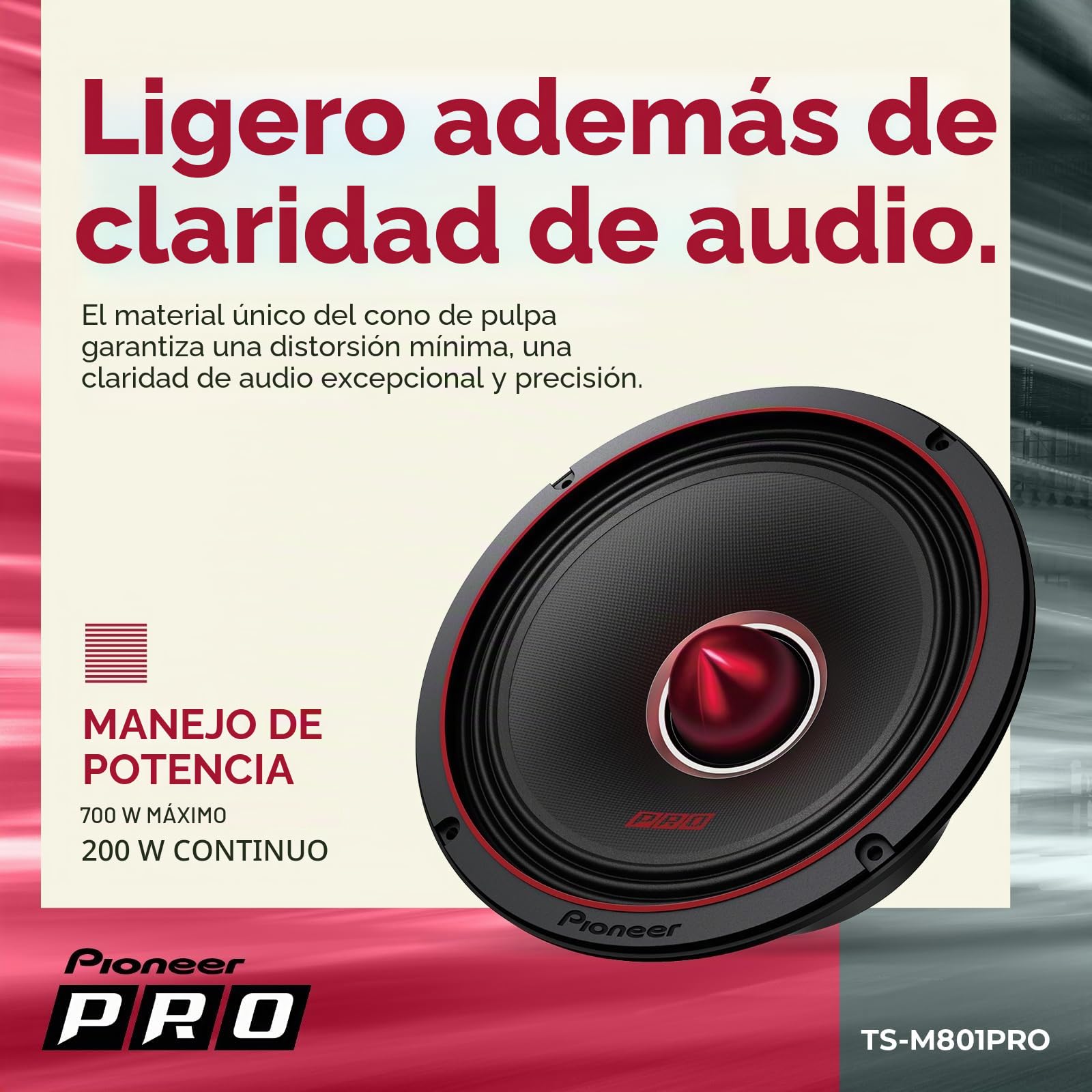 PIONEER TS-M801PRO P.R.O. Series 8 Pulgadas 700 W Potencia máxima, Cono de Pulpa mezclada, Controlador de Graves Medios de Alta eficiencia - Altavoz componente Serie Pro (par) | Perfecto para construcciones de alto nivel SPL y audio de coche de nivel prof